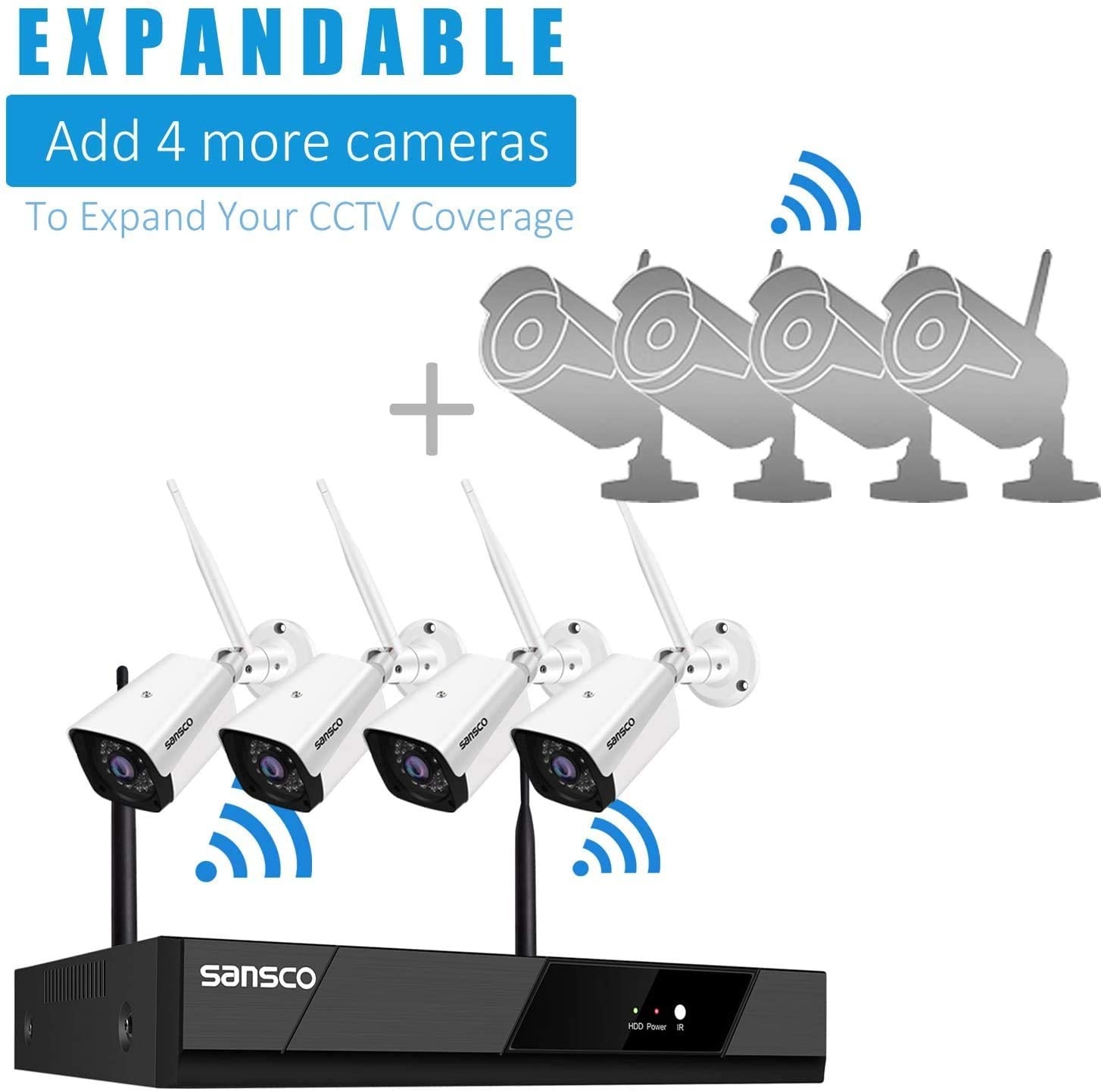 [Expandable, Audio] SANSCO 1080P Wireless Security Camera System, 8CH DVR 4Pcs 2MP HD CCTV WiFi Outdoor/Indoor Waterproof Camera with Mic, Night Vision, Motion Alert, Remote Access, No Hard Disk