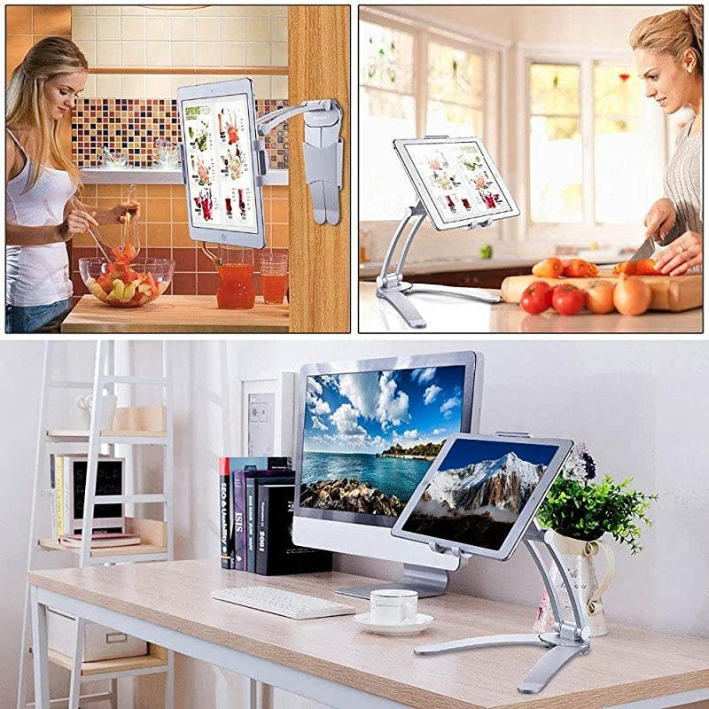 Wall Hanging Tablet Stand 2 in 1 Kitchen Desktop PullUp Lazy Bracket Adjustable Wall Mount Holder Fit for 513quot Width Bracket iPad Phone Silver