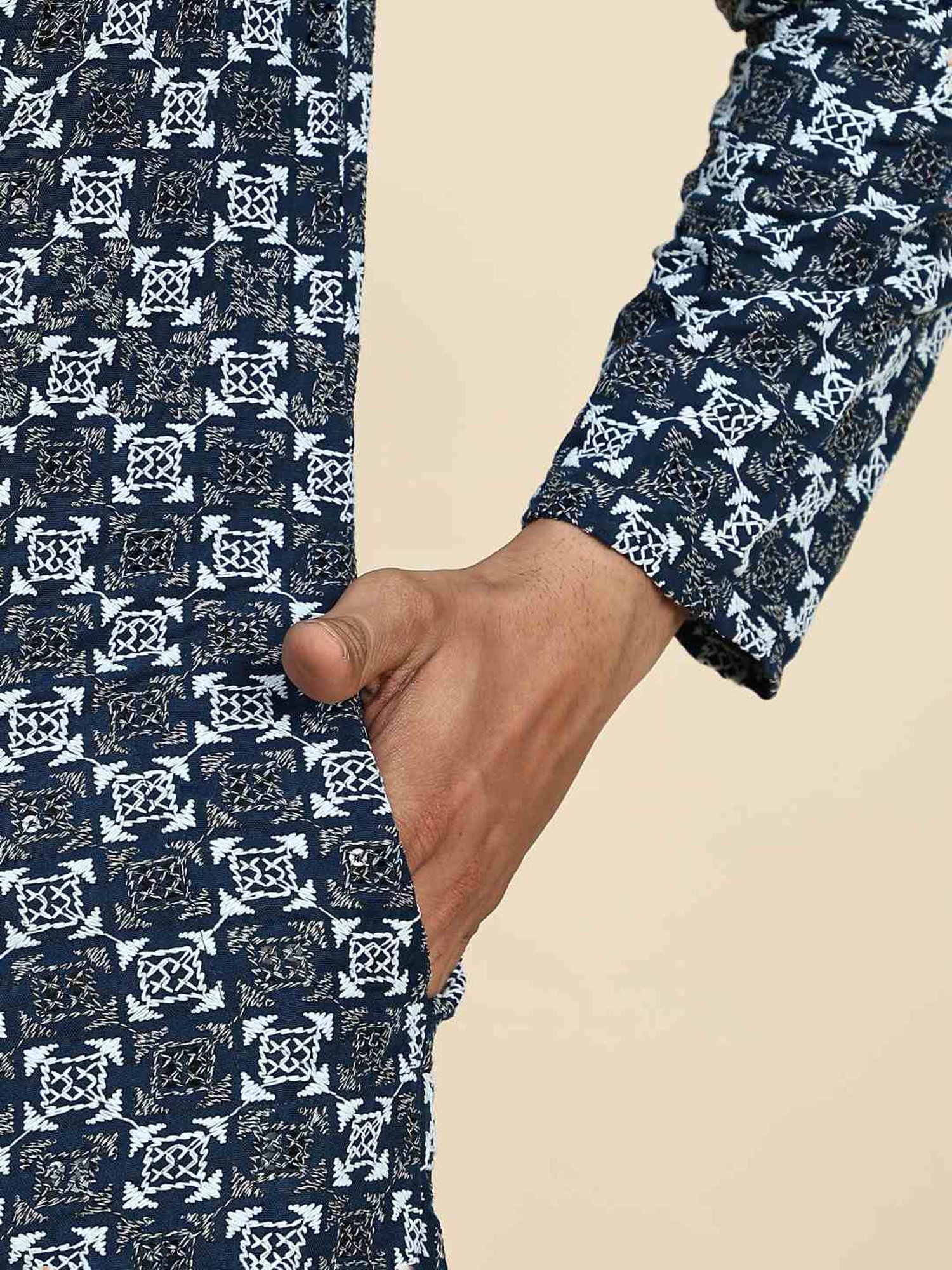 Pro-Ethic Style Developer Blue & White Cotton Regular Fit Embellished Kurta Bottom Set