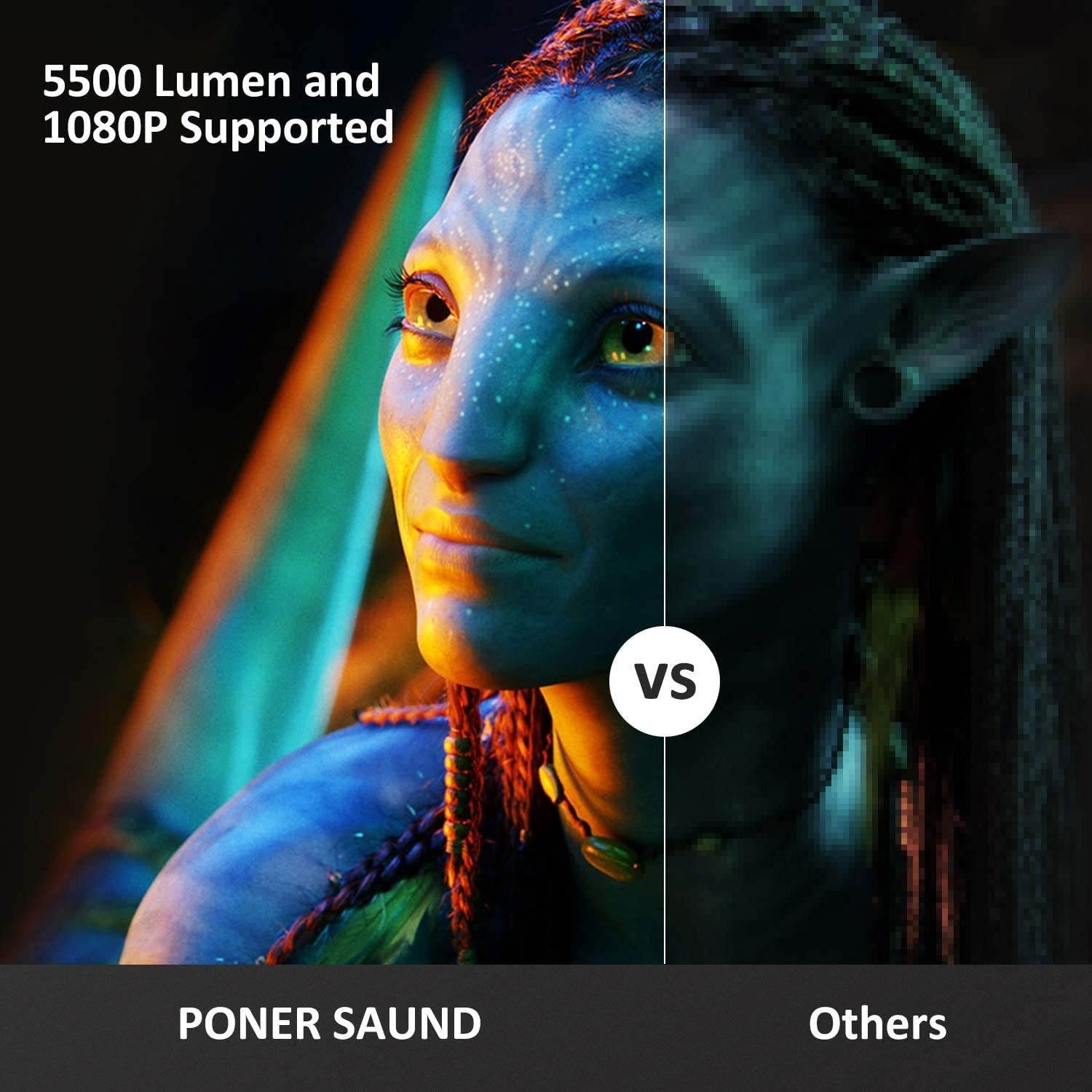 PONER SAUND Mini Projector 5500 Lux 210" 1080P Supported, 52000 Hrs LED Movie Projector, Compatible with Phone Computer Laptop USB HDMI VGA