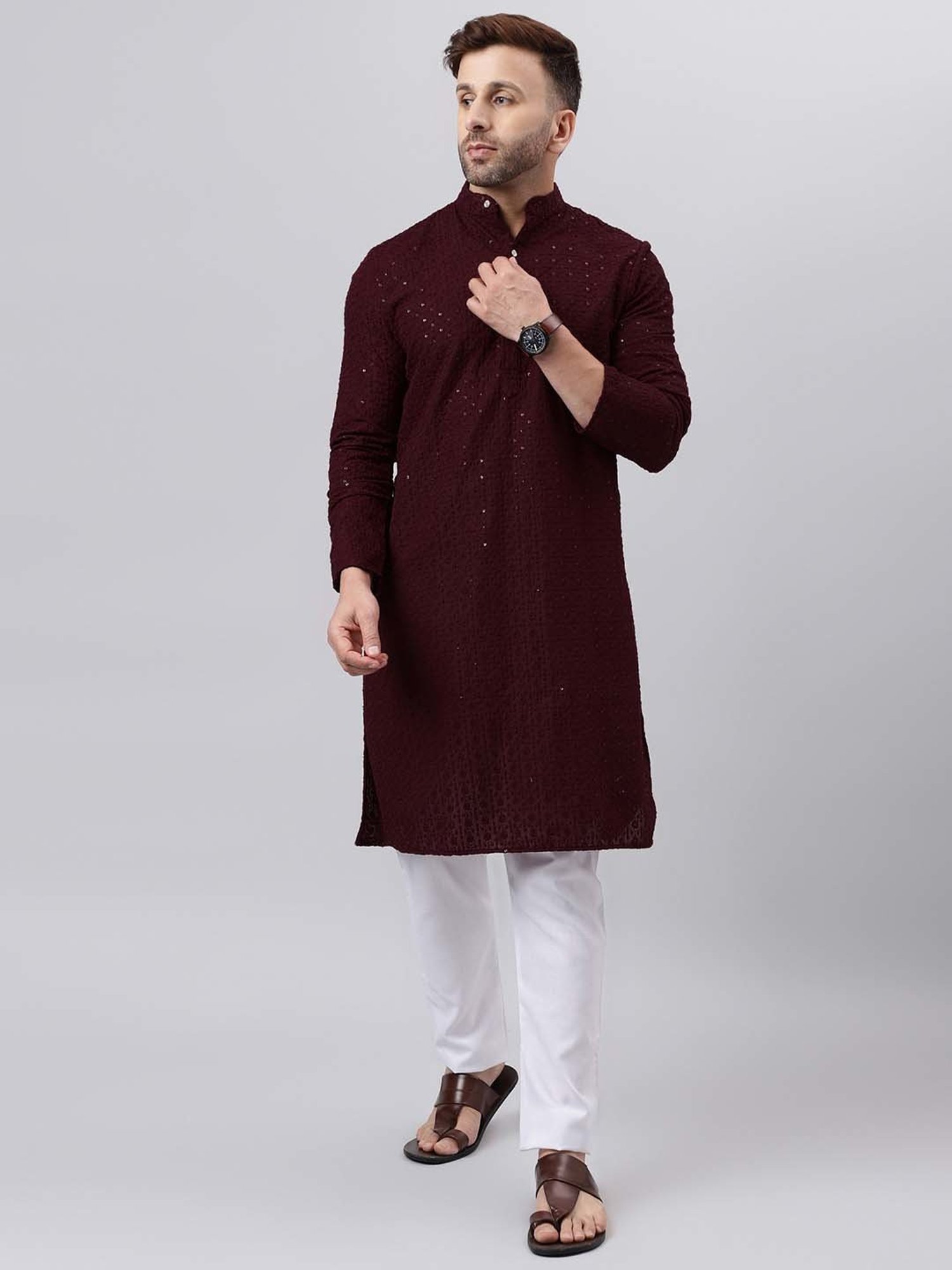 Hangup Maroon & White Regular Fit Embroidered Kurta & Pyjamas Set