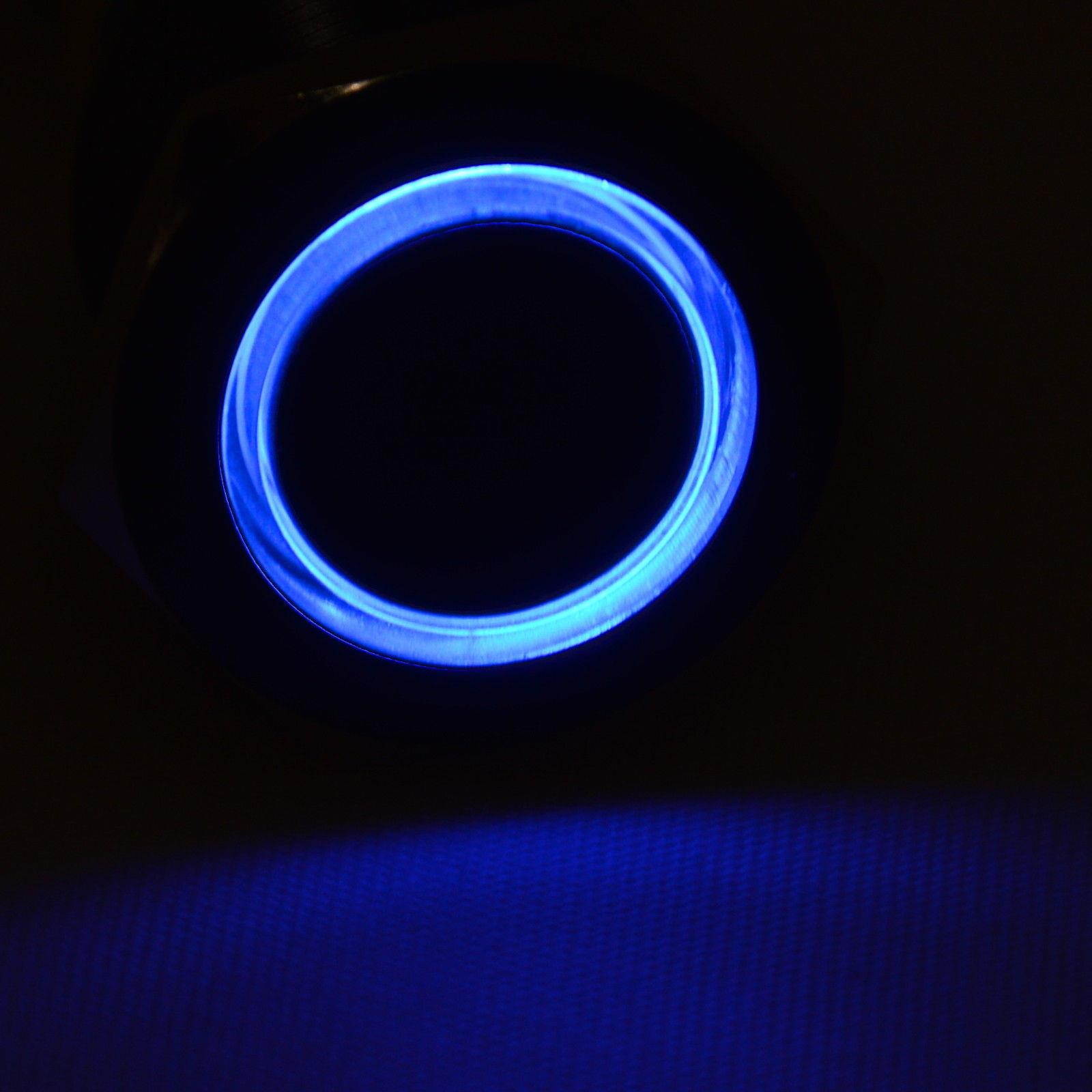 19mm 12V LED Momentary Push Button Black Metal Power Switch, Blue