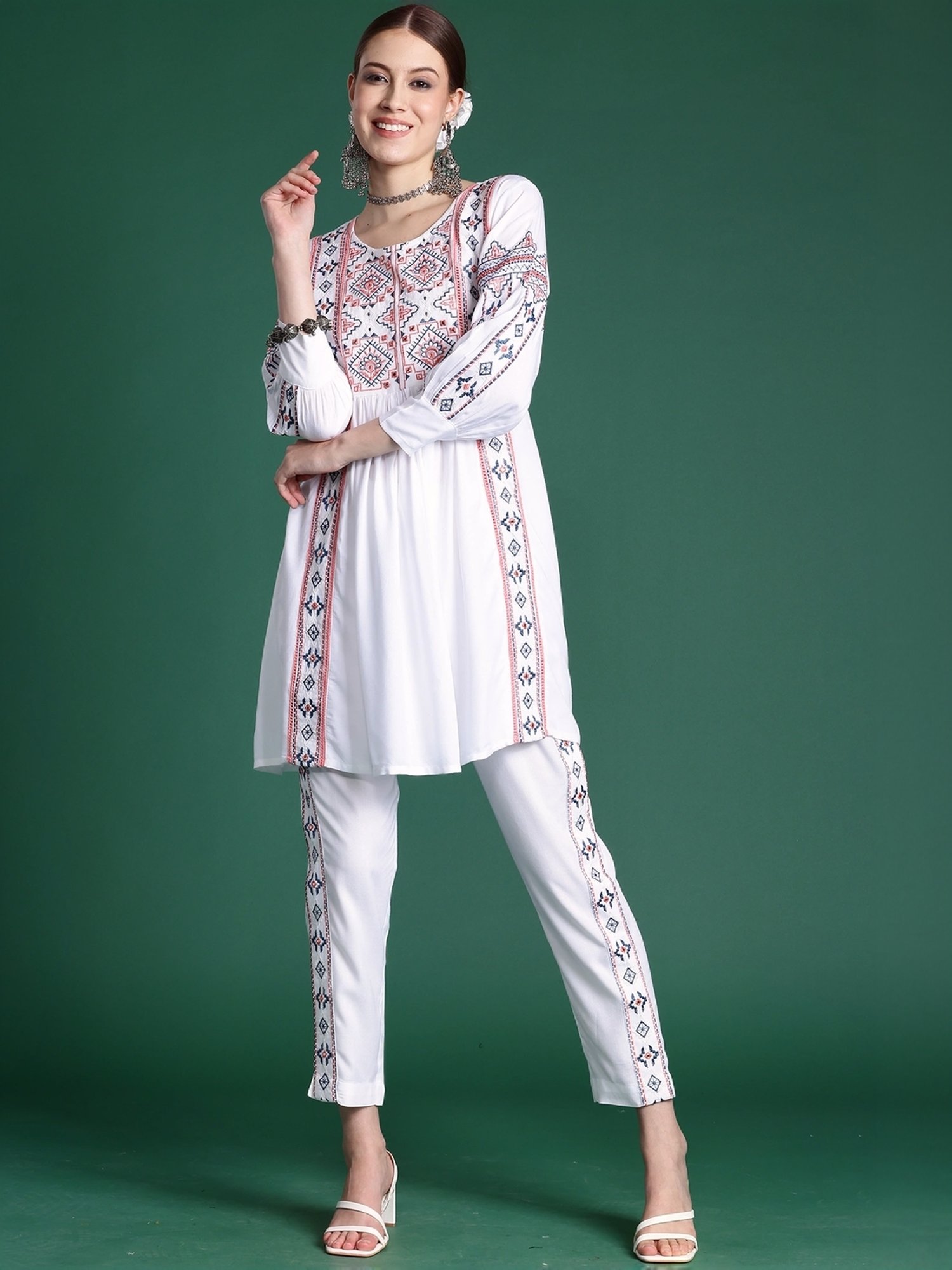 Indo Era White Embroidered Kurti Pant Set