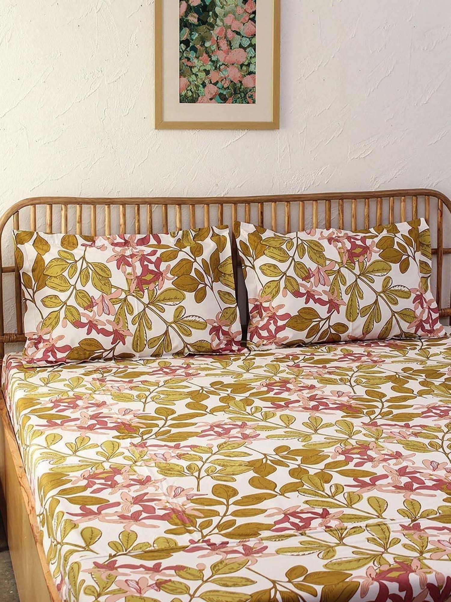 House This Moringa White & Green Cotton 180 TC Double Bedsheet with 2 Pillow Cover