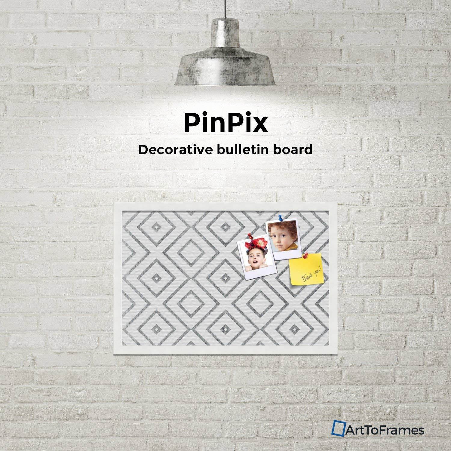 PinPix custom printed pin cork bulletin board made from canvas, Modern Deco Distressed 24x16 Inches (Completed Size) and framed in Satin White Frame (PinPix-Group-55)