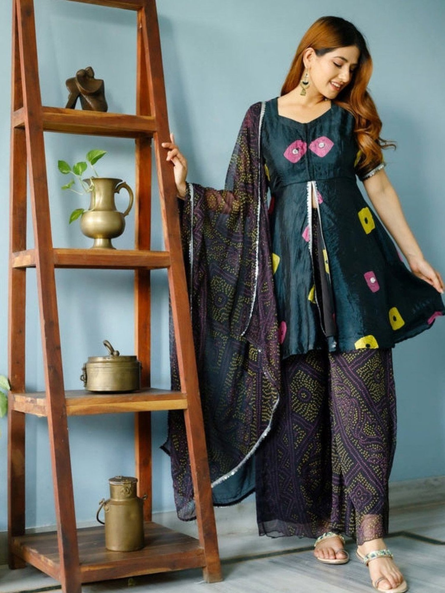 Thread and Button Black Terk Bandhej Kurta and Palazzo with Dupatta