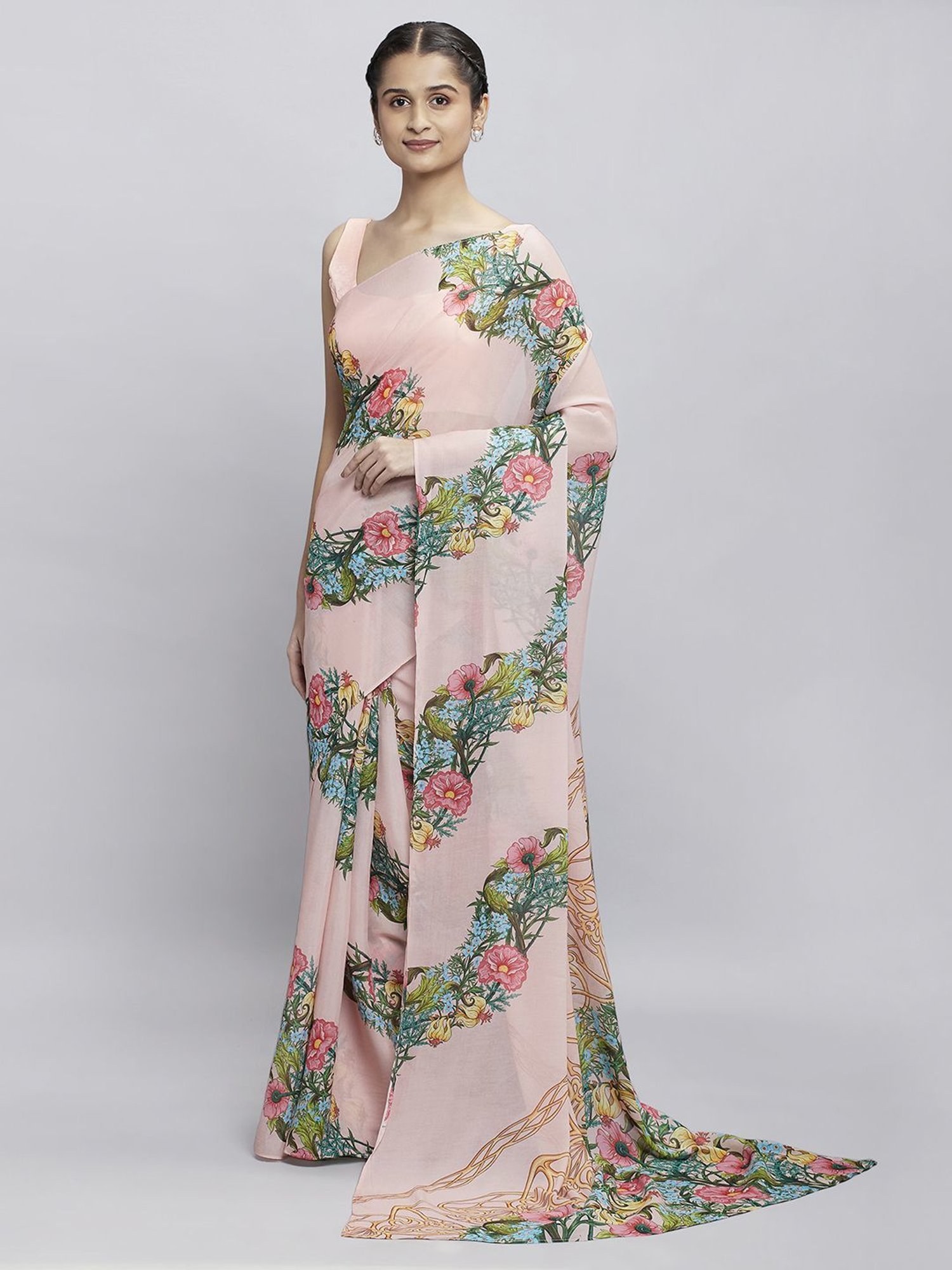 navyasa by liva Light Peach Floral Print Saree With Unstitched Blouse