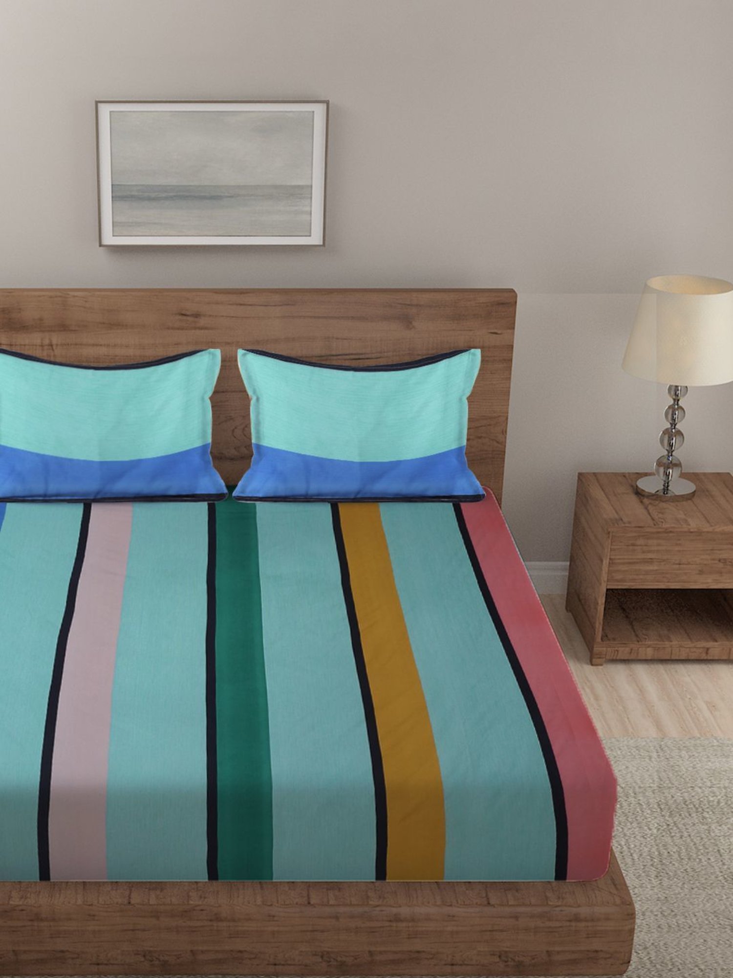 Klotthe Stripes Multicolor 210 TC Cotton Blend King Size Bed Sheet with 2 Pillow Covers