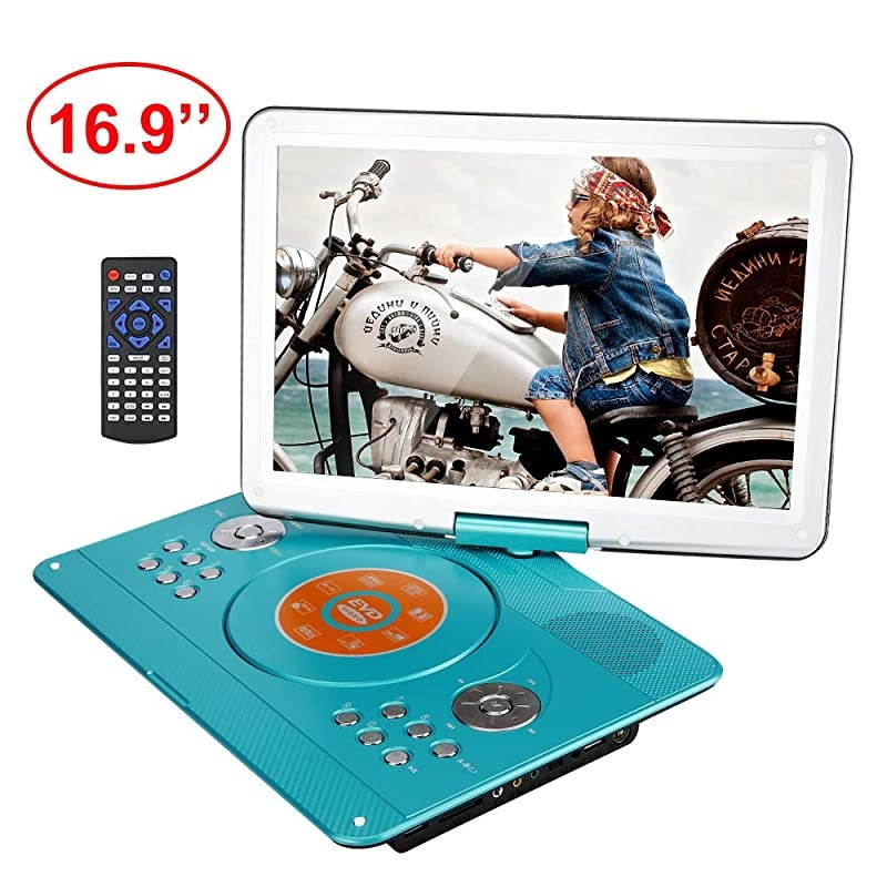 Portable DVD Player with Remote Controller, 14.1'' HD Swivel Large Screen DVD Player for car, 6 Hours Rechargeable Battery Supports SD Card, USB Port(Mint Green)