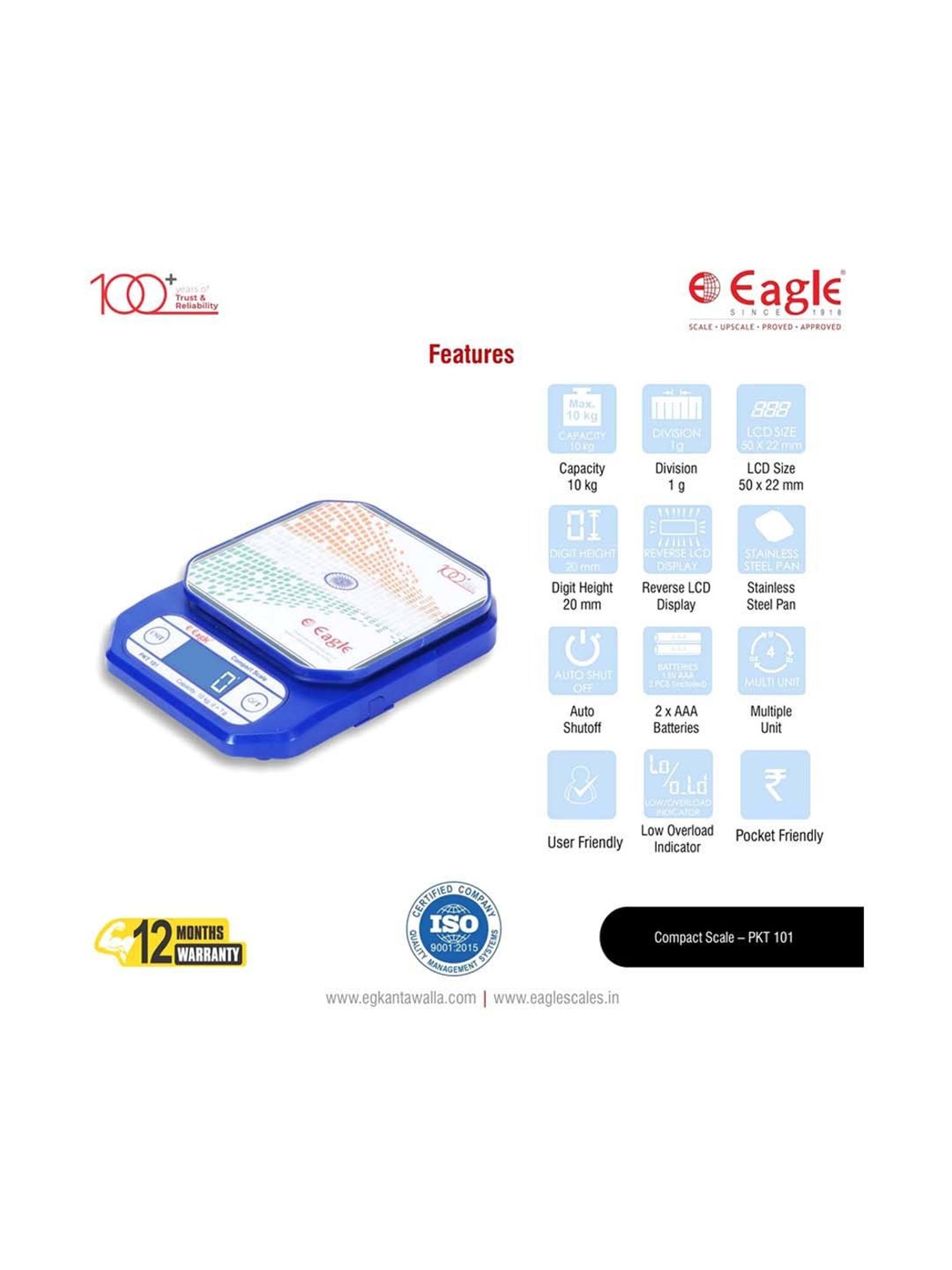 Eagle PKT-101 Digital Weight Machine for Kitchen, 10 kg Capacity,1 g Accuracy,Kitchen Weighing Scale
