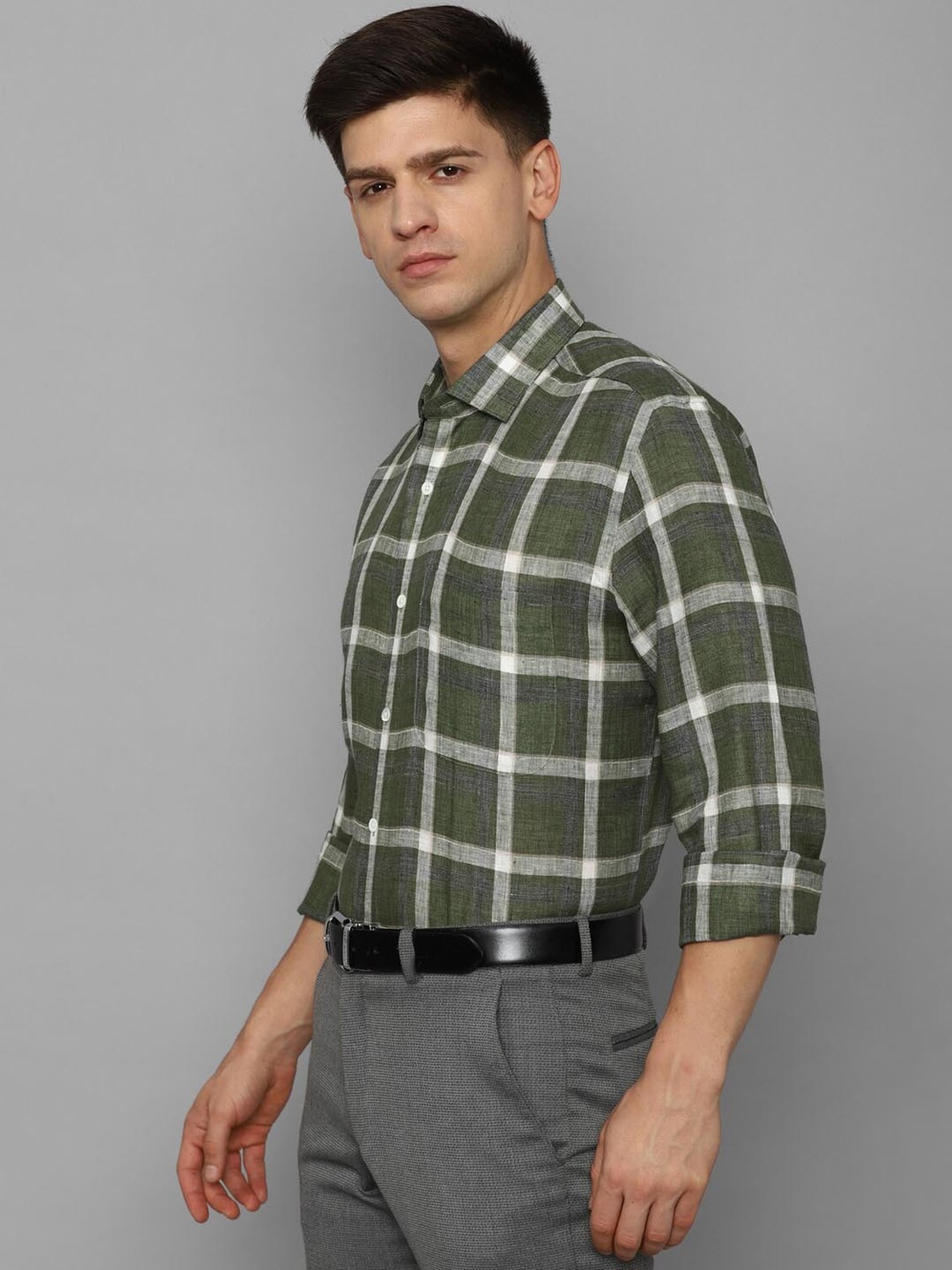 Luxure By Louis Philippe Olive Linen Regular Fit Checks Shirt