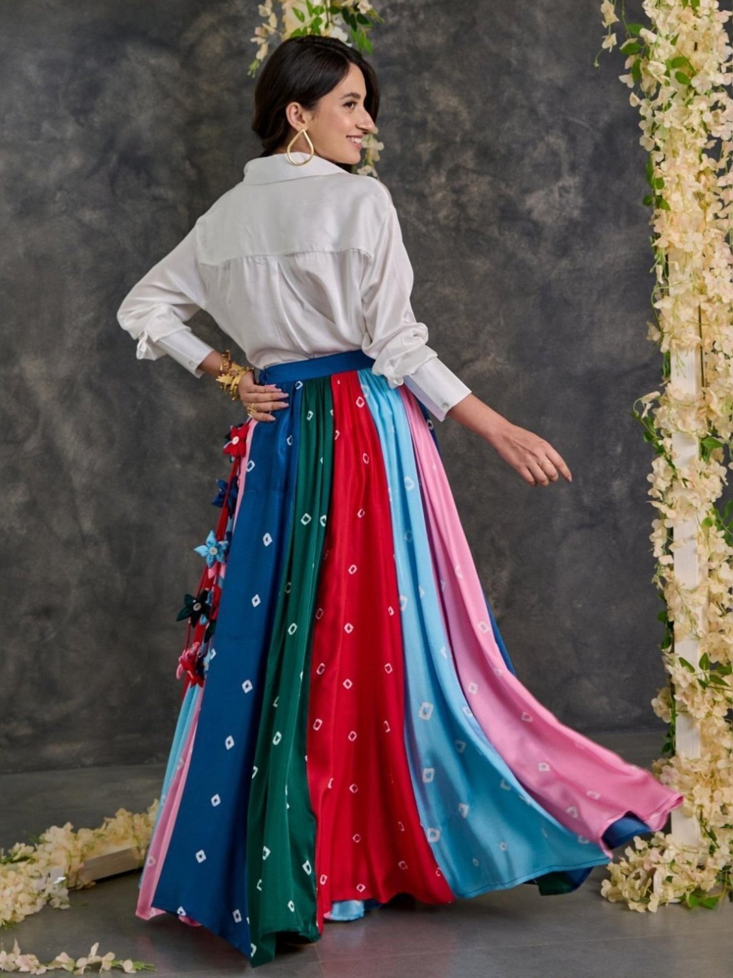 Gulaal White Shirt With Bandhani Modal Satin Skirt