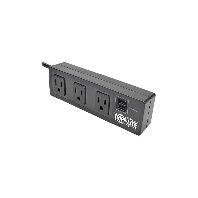 3 Outlet Surge Protector Power Strip with Desk Clamp, 10ft. Cord, 510 Joules, 2 USB Charging Ports, Black, $20K Insurance & (TLP310USBC)