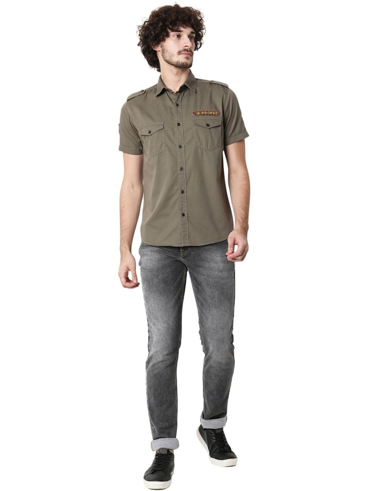 Mufti Light Green Cotton Slim Fit Shirt