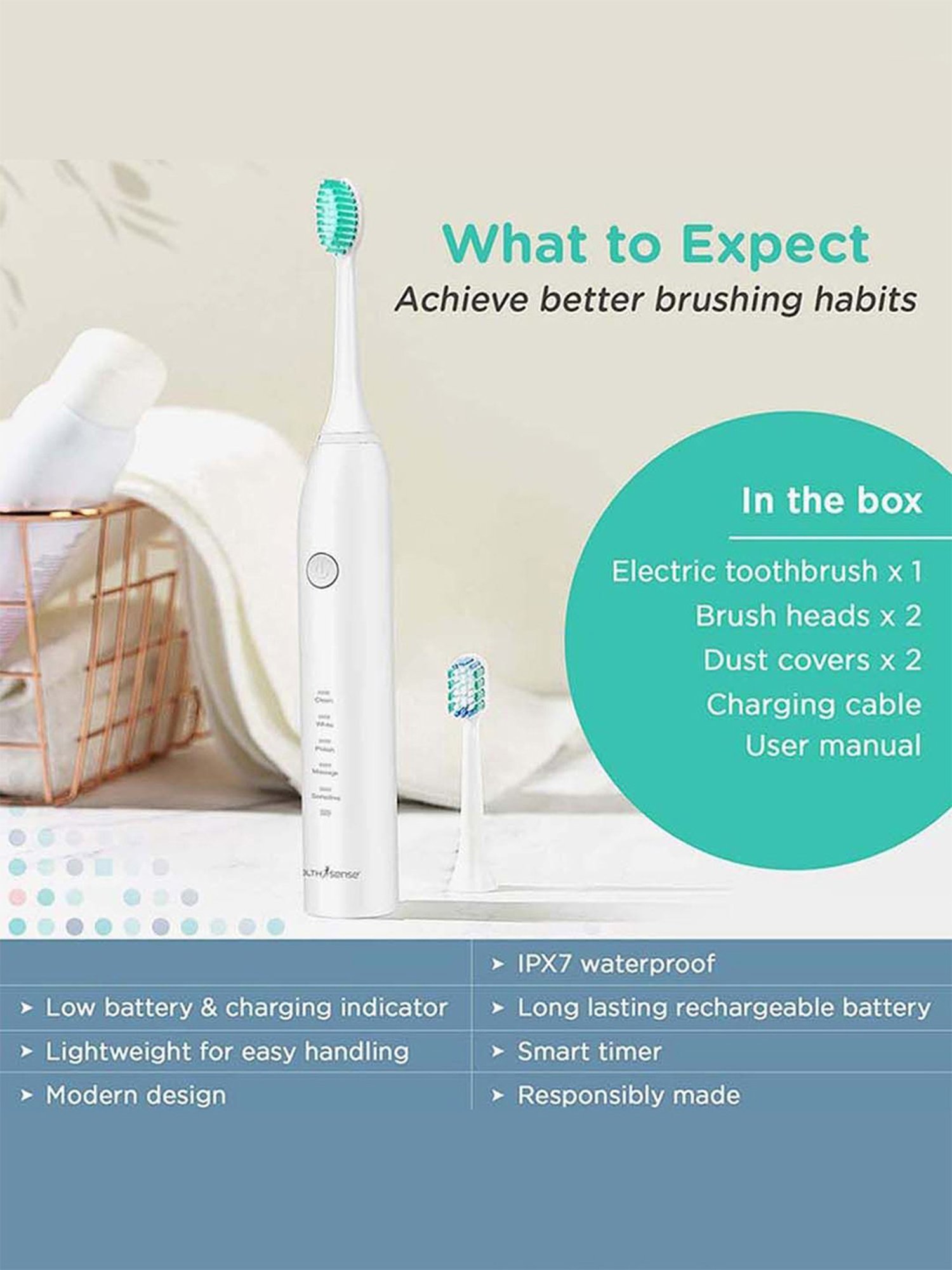 HealthSense Clean-Care ET-720 Rechargeable Sonic Electric Toothbrush with Extra Head (White)