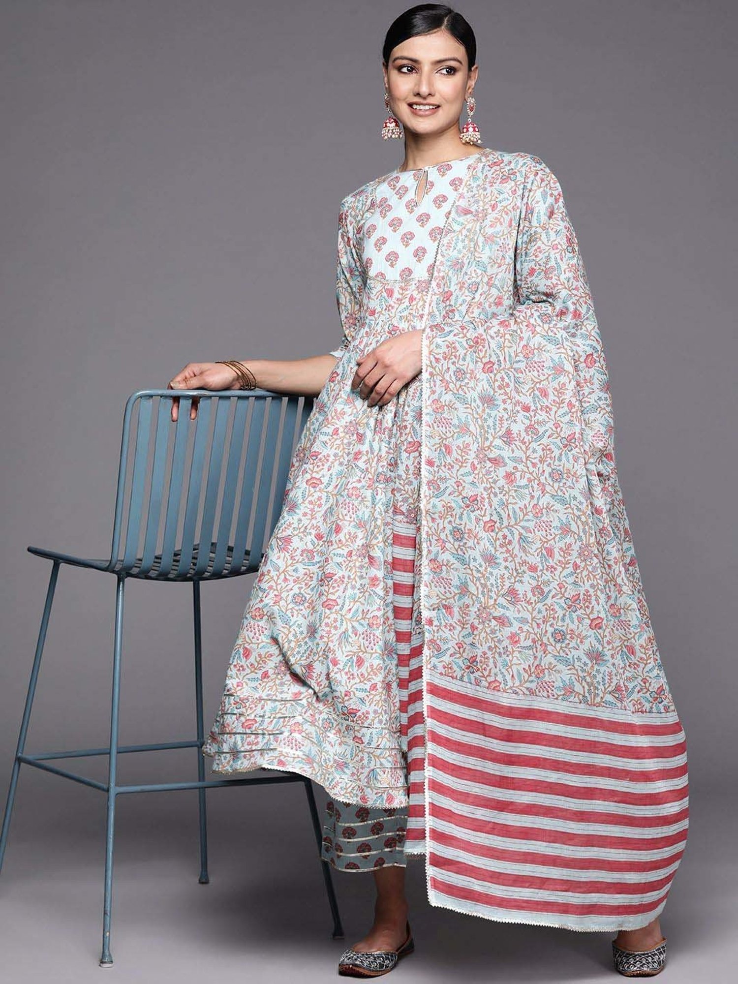 Libas Blue Cotton Printed Kurta Pant Set With Dupatta