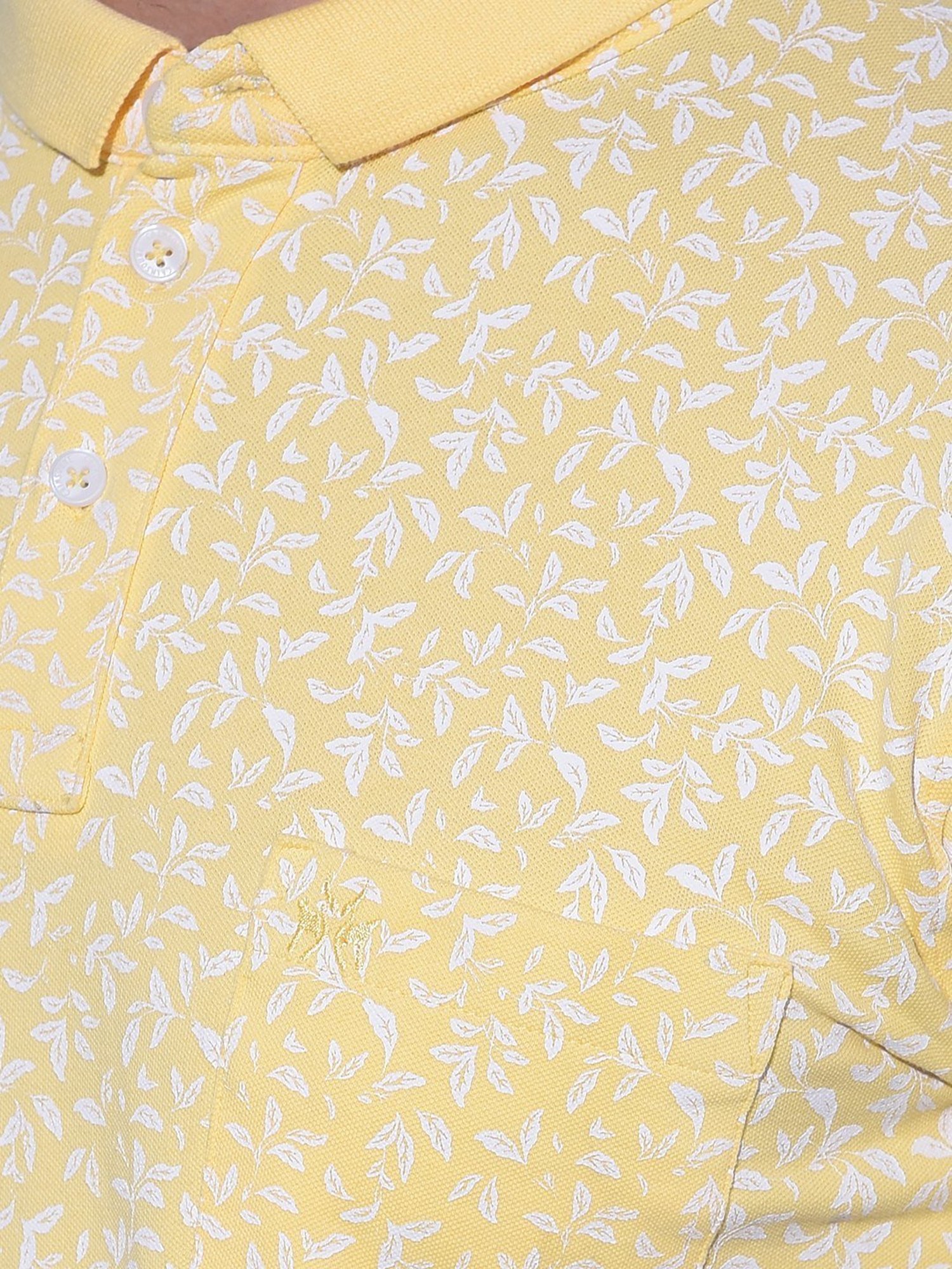 Crimsoune Club Yellow Cotton Slim Fit Floral Print Polo T-Shirt