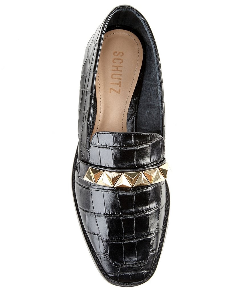 Schutz Pinky Croco Print Leather Studded Strap Loafers