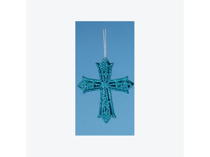 Lynn Roberts 5" Glitter Drenched Latin Cross Christmas Ornament - Aqua Blue