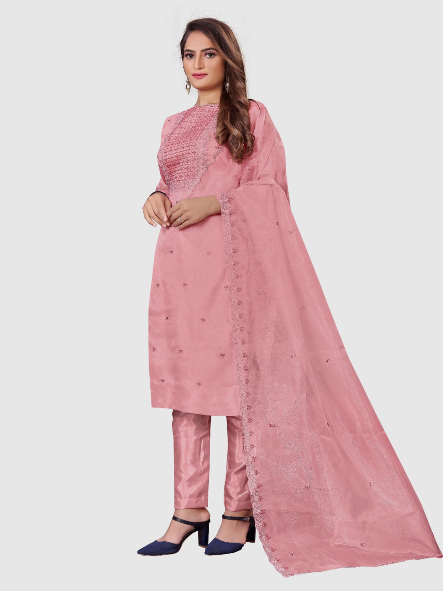 APNISHA Pink Embroidered Unstitched Dress Material