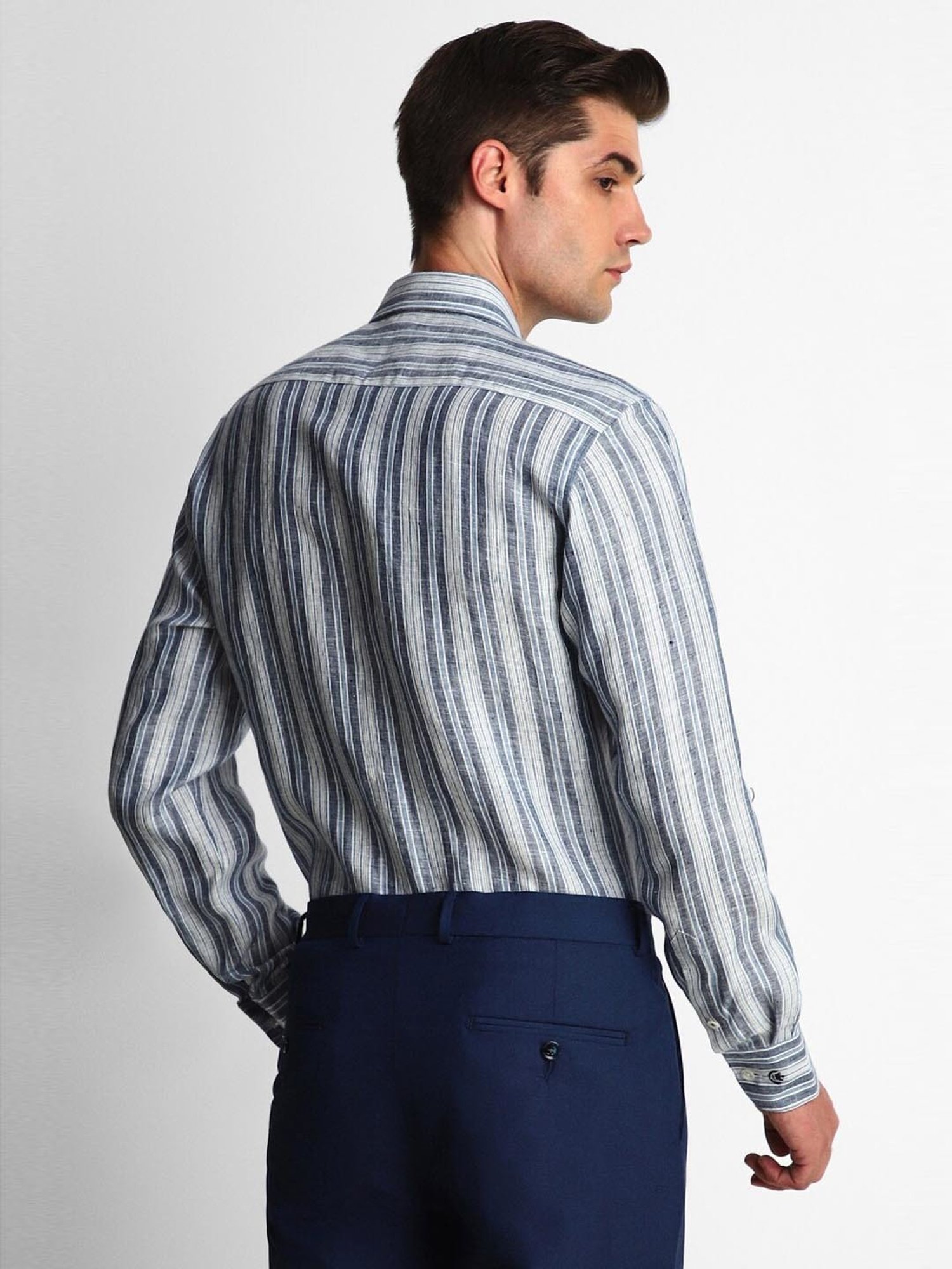 Luxure By Louis Philippe Grey Linen Regular Fit Striped Shirt