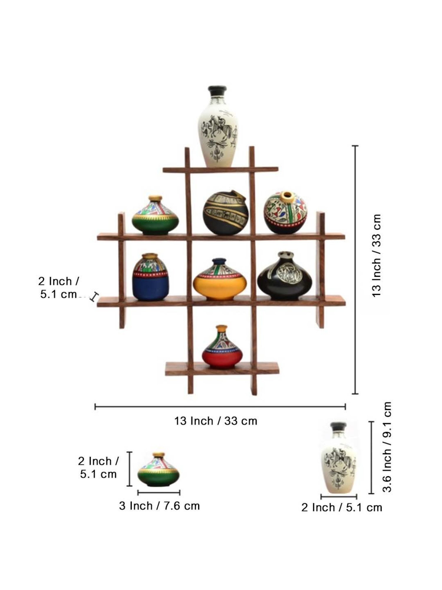ExclusiveLane 8 Terracotta Warli Handpainted Pots With Sheesham Wooden Frame Wall Hanging