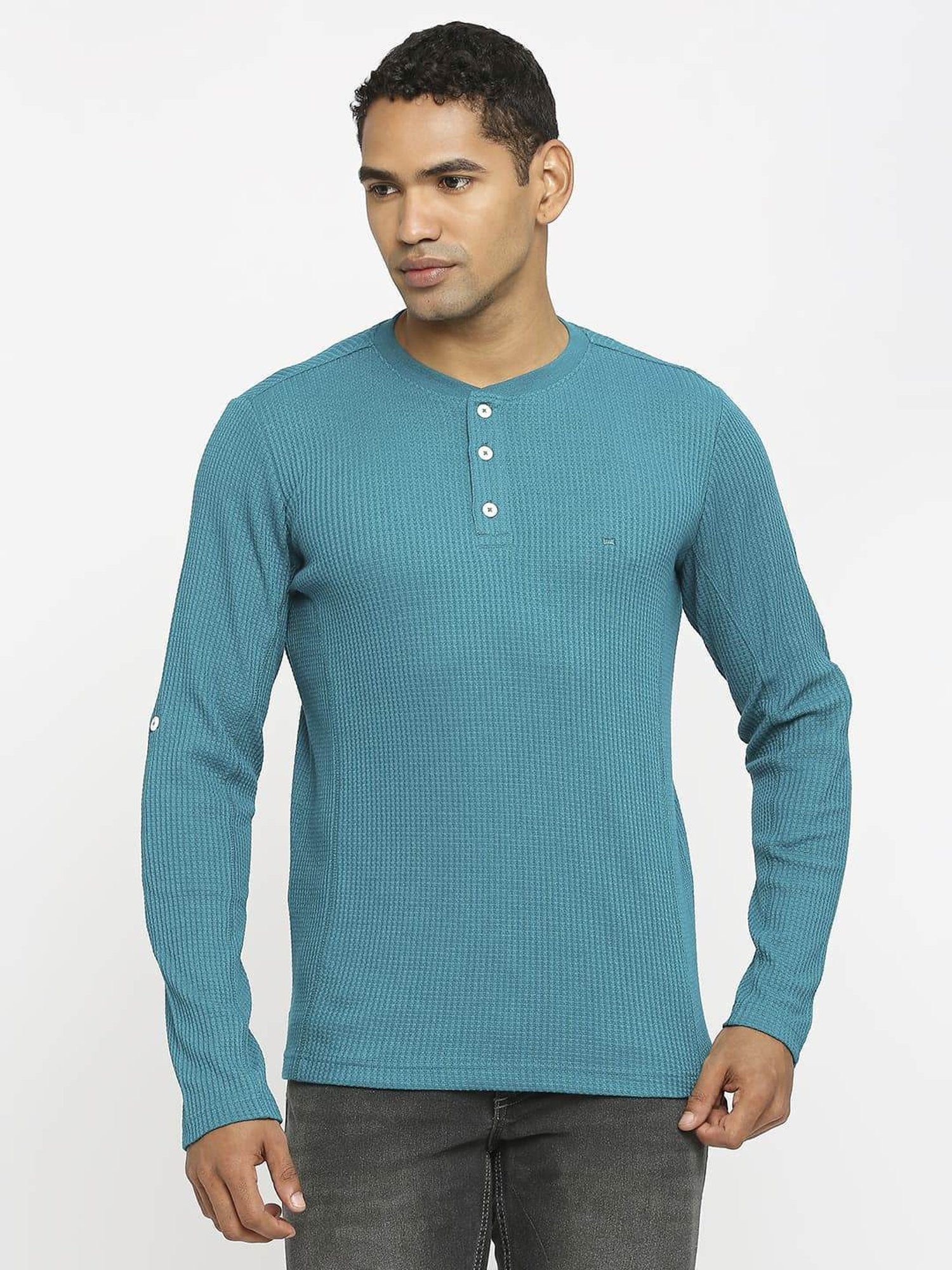 Basics Green Cotton Muscle Fit Texture Henley T-Shirt