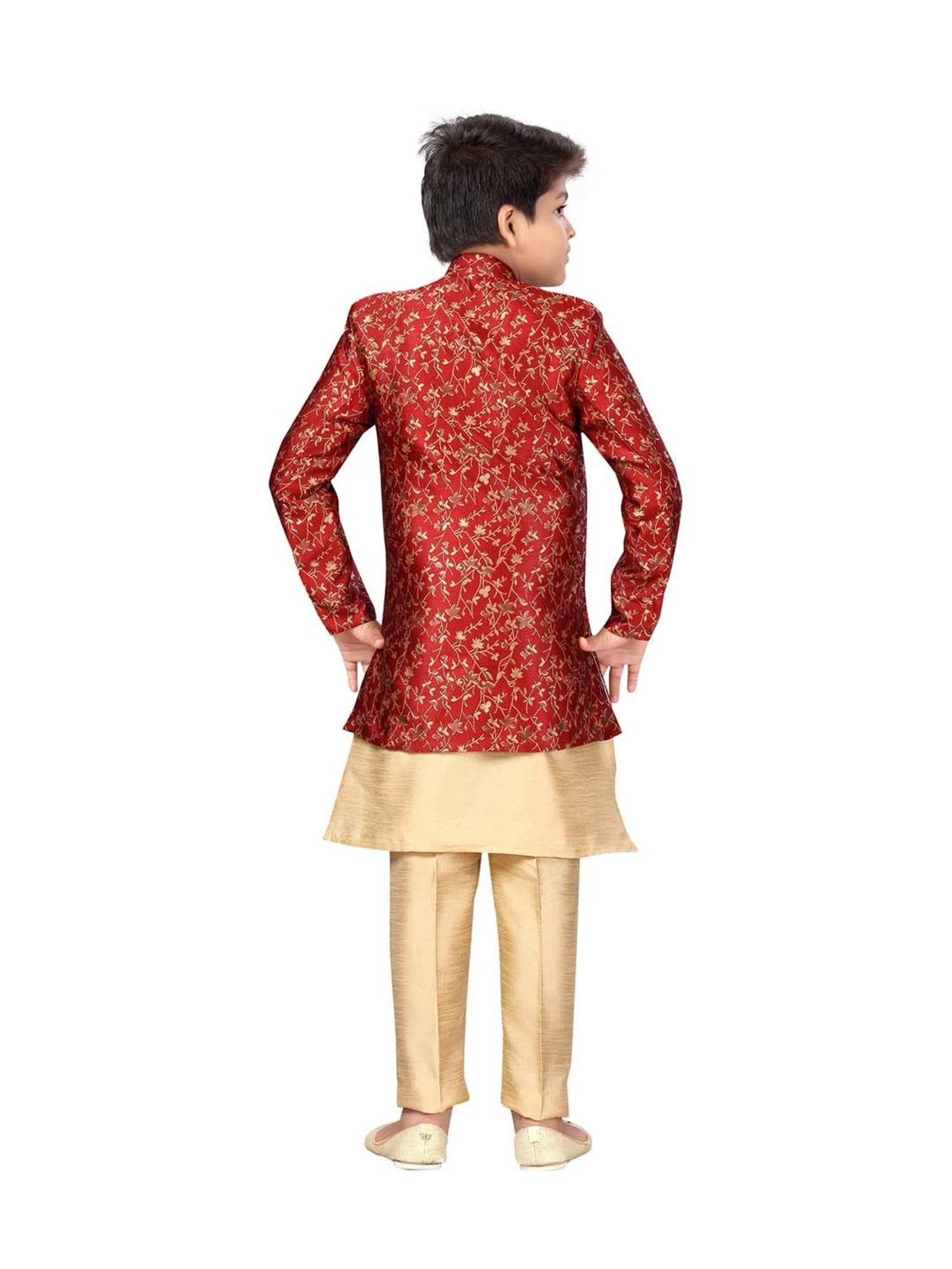 Ahhaaaa Kids Red & Golden Cotton Floral Print Full Sleeves Kurta Set