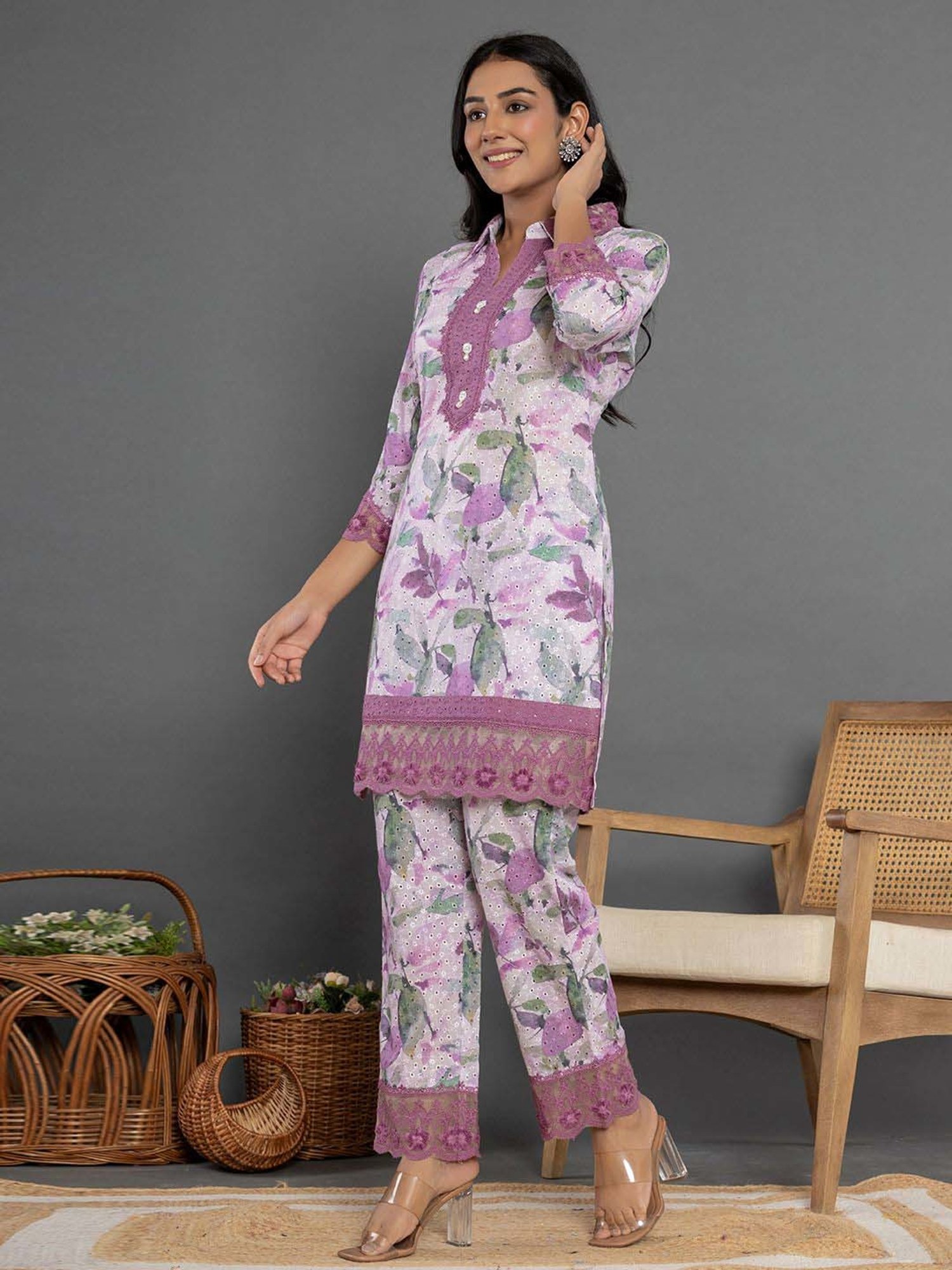 Yufta Purple Cotton Printed Tunic Pant Set