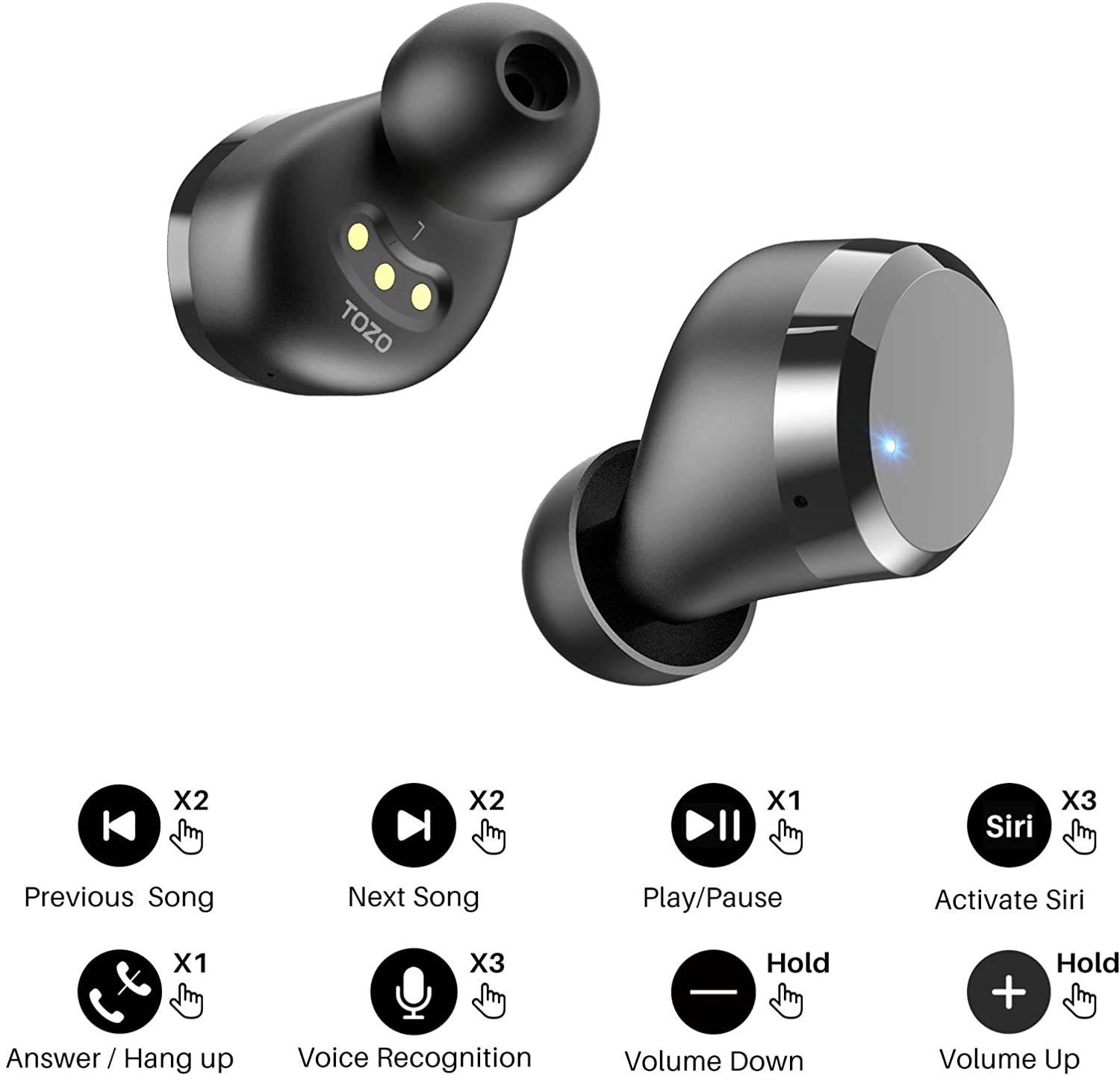 TOZO T12 Wireless Earbuds Bluetooth Headphones Premium Fidelity Sound Quality Wireless Charging Case Digital LED Intelligence Display IPX8 Waterproof Earphones Built-in Mic Headset for Sport Black