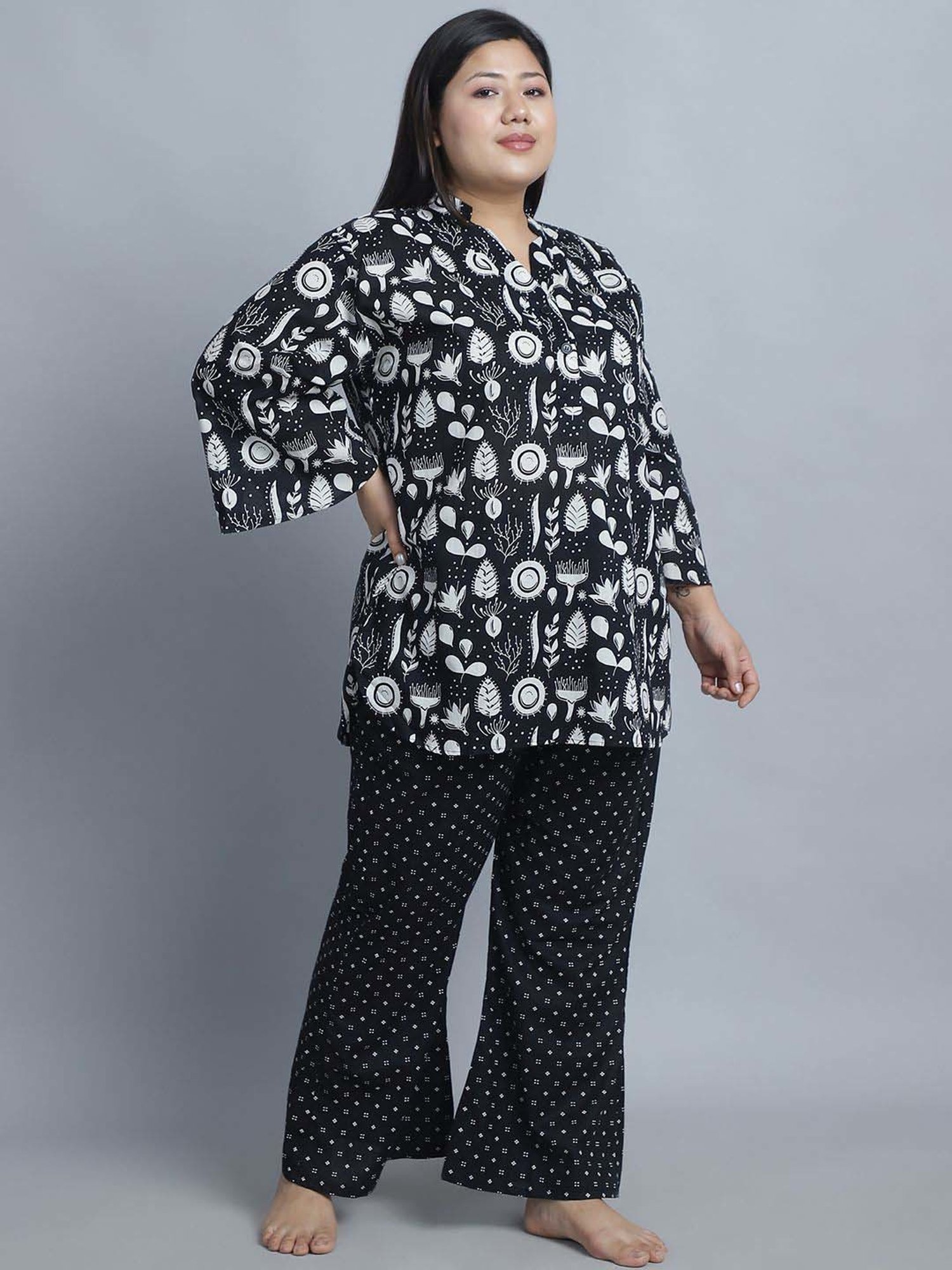 TAG 7 Black Cotton Printed Top Pyjamas Set