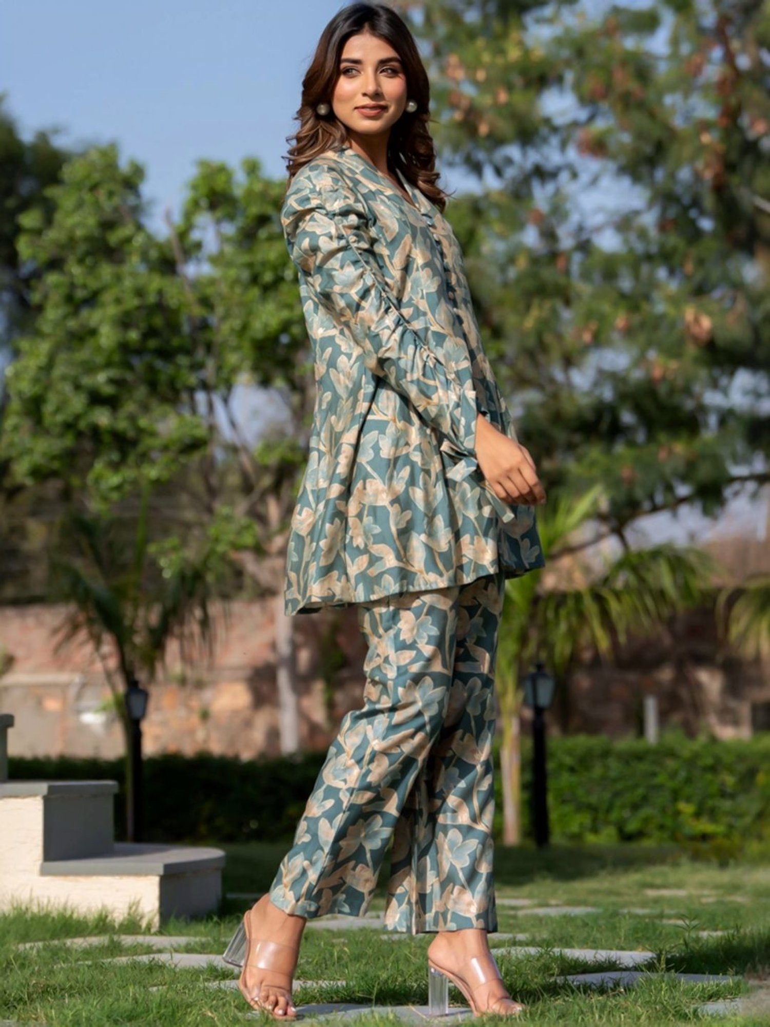 HOUSE OF JAMOTI Green Cotton Printed Tunic Palazzo Set