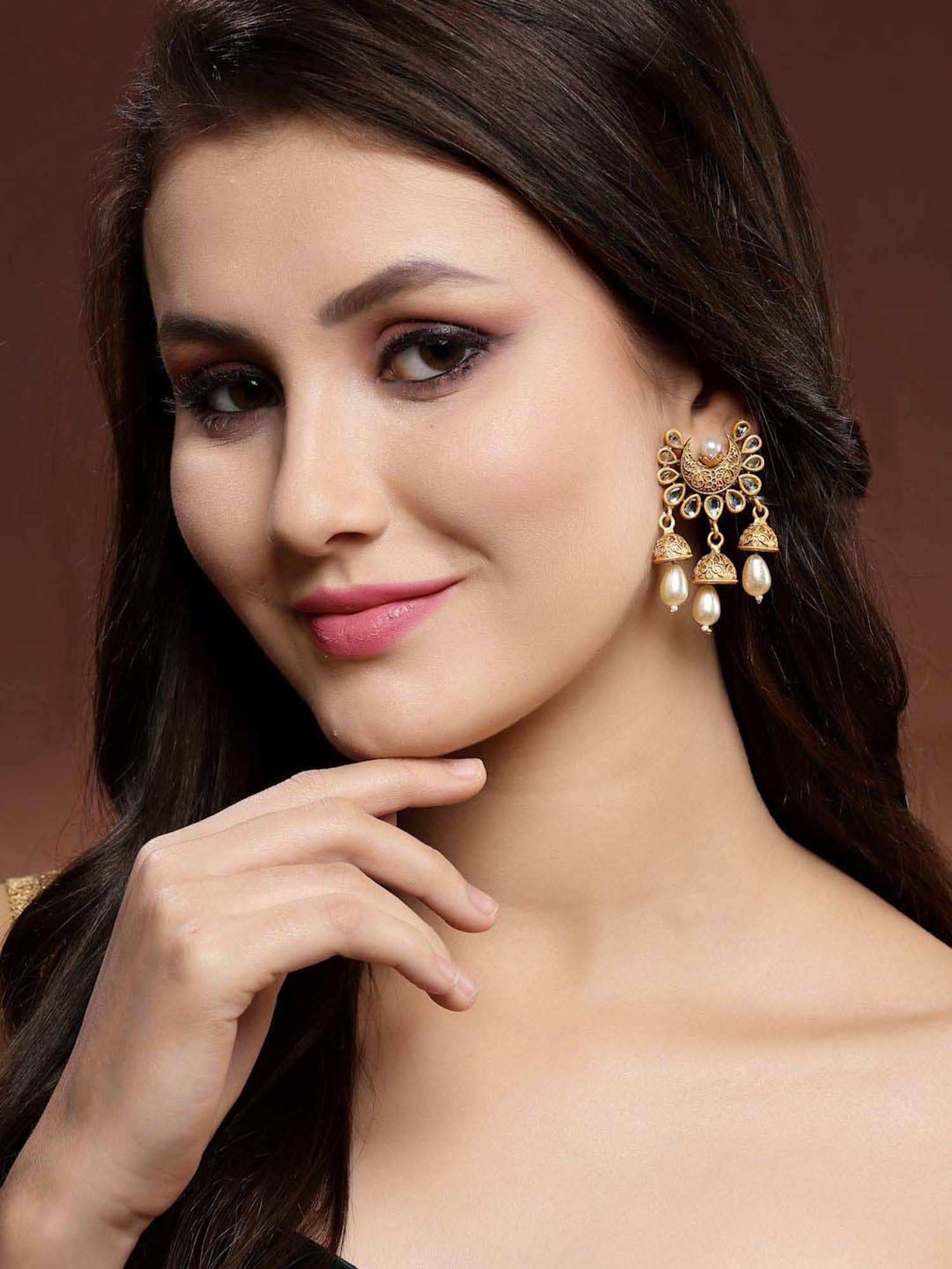 Panash Gold-Plated Kundan Crescent Shaped Handcrafted Drop Earrings
