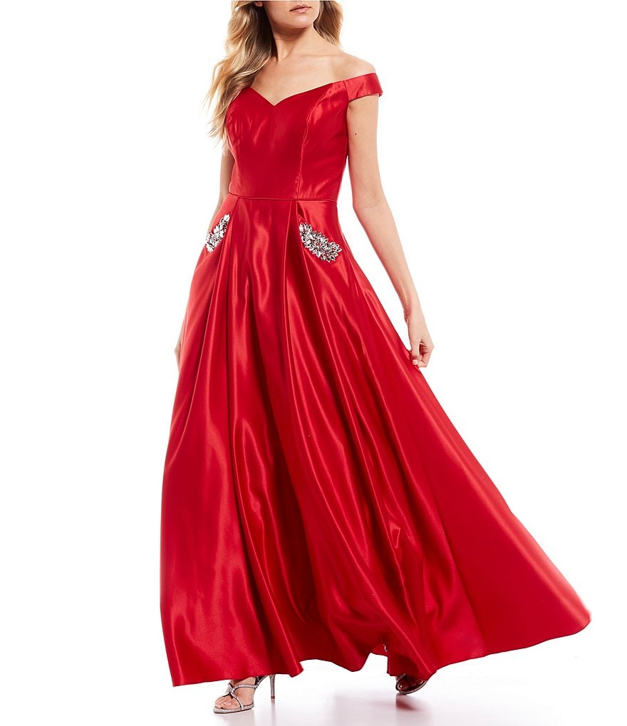 Blondie Nites Off the Shoulder Beaded Pockets Ball Gown