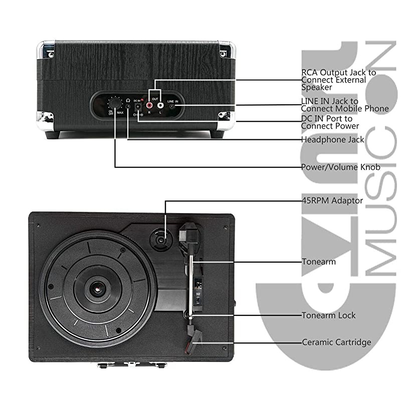 Retro Style Record Player with Builtin Speakers Classic Wooden Suitcase Turntable for 334578 RPM Vinyl RecordsBlack Wood