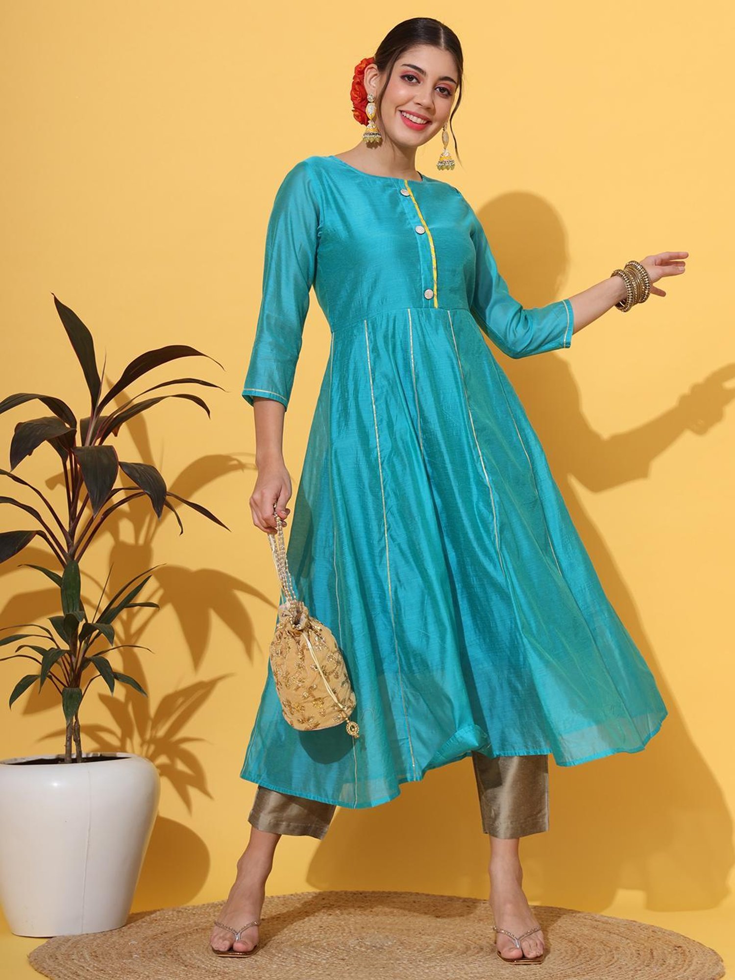 DECKEDUP Turquoise Regular Fit Kurta With Pants