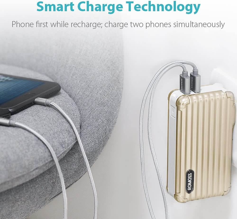 10000mAh 2-in-1 Power Bank and Wall Charger, ROMOSS Dual USB Portable Charger with Foldable AC Wall Plug External Battery Packs Compatible Smartphone and Android Device (Gold)