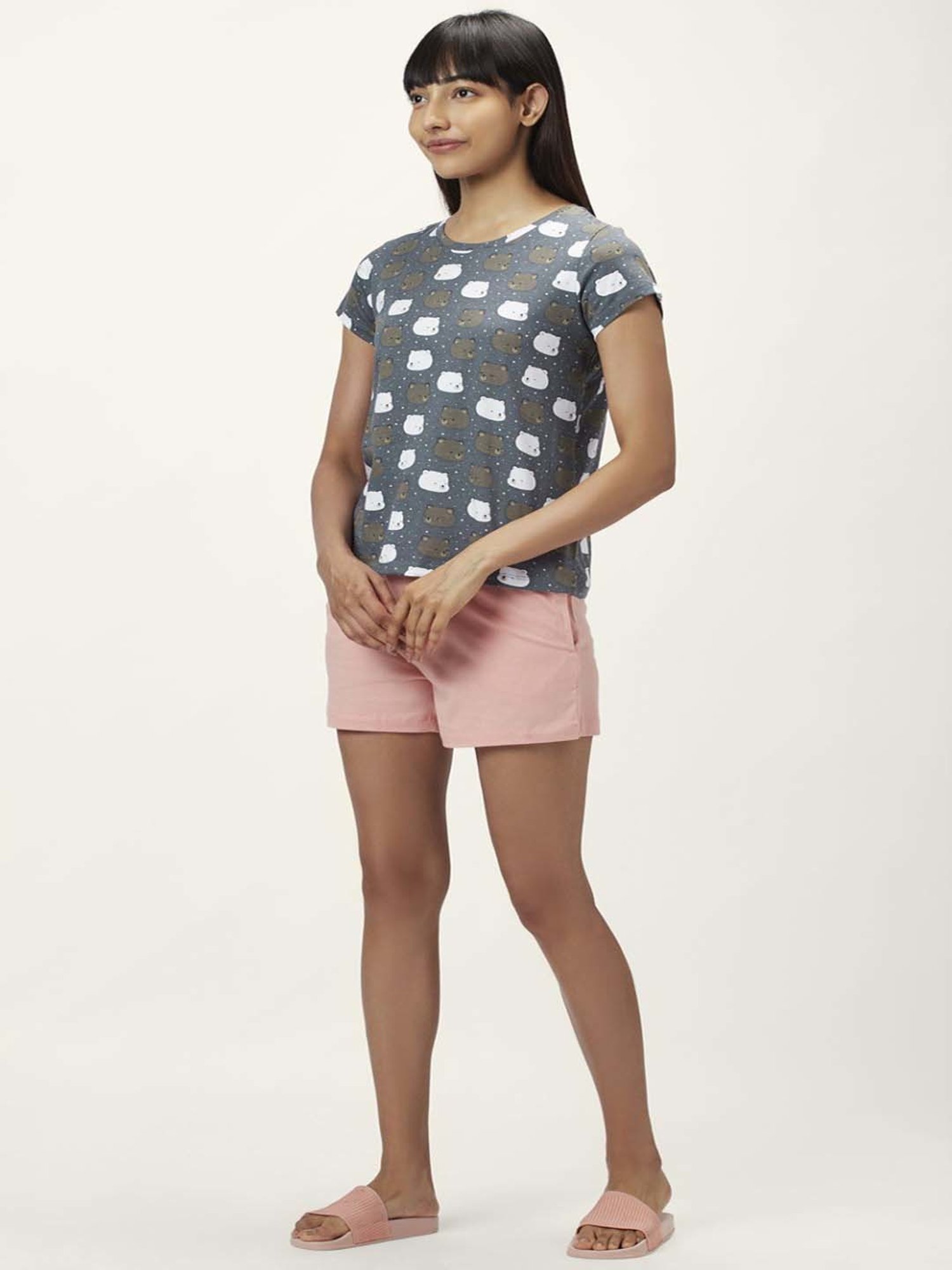 Dreamz by Pantaloons Grey Pink Cotton Graphic Print T-Shirt Shorts Set