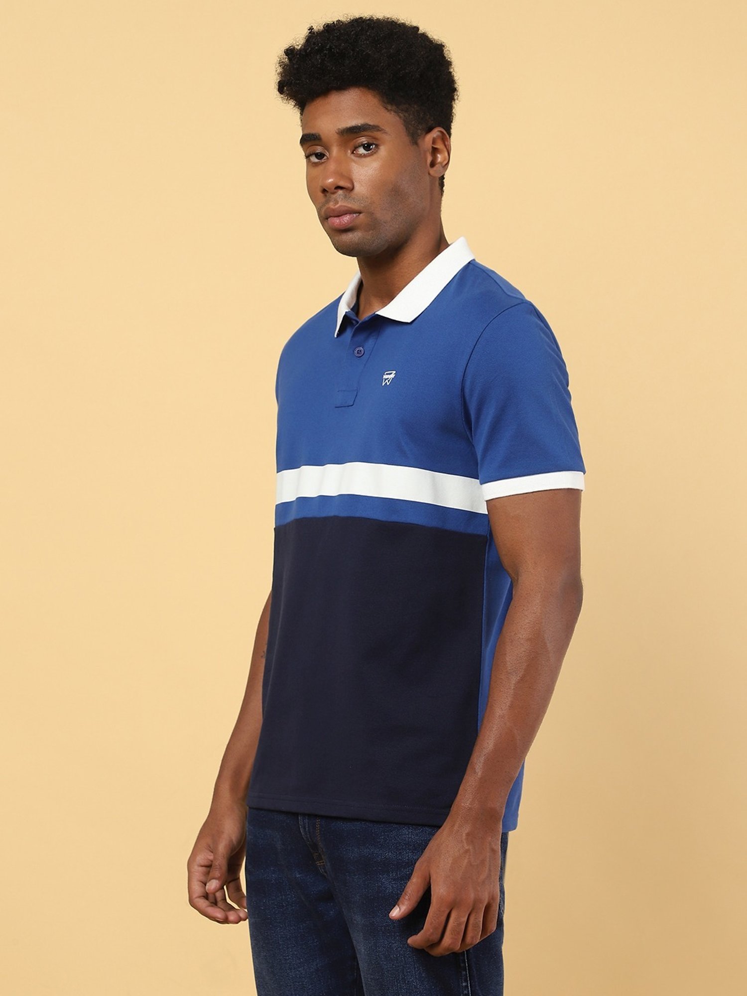 Wrangler Blue Cotton Regular Fit Colour Block Polo T-Shirt