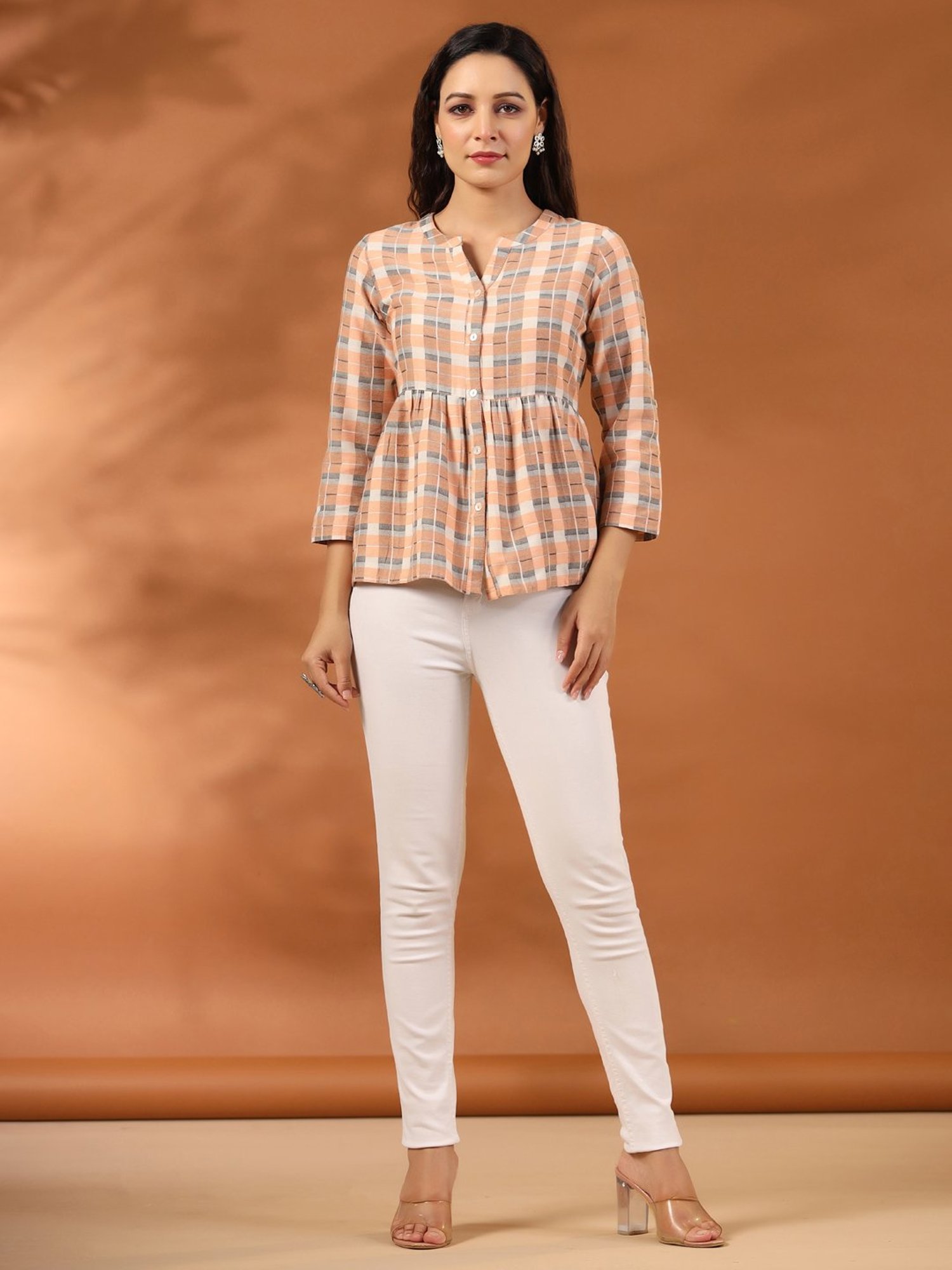 Jaipur Kurti Peach Check Peplum Top