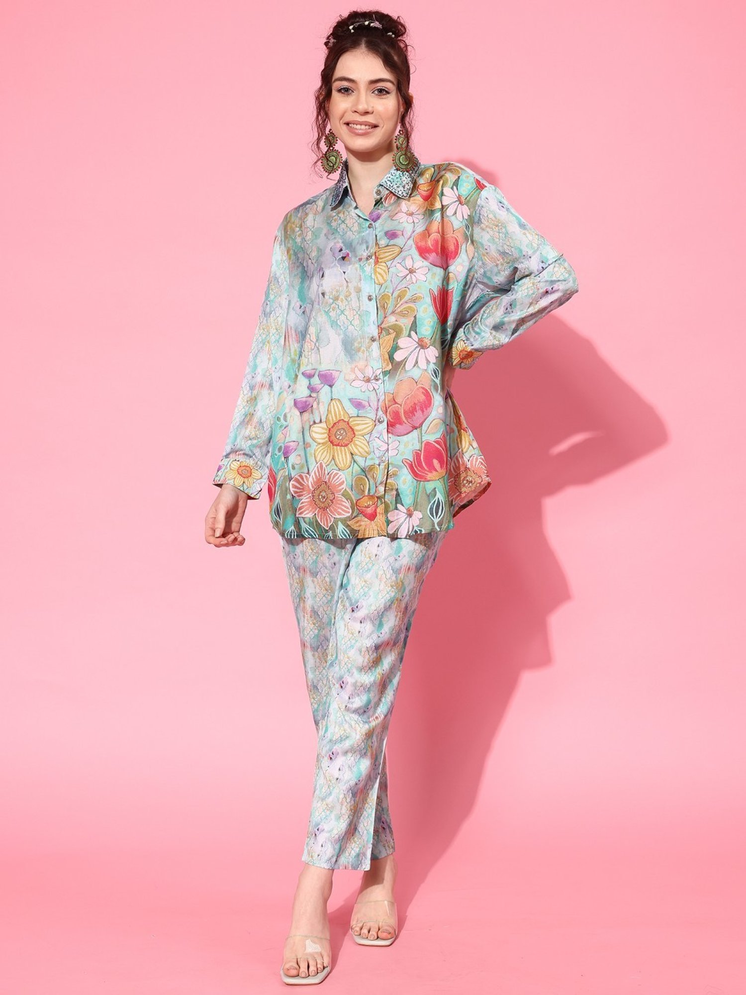 Indo Era Multicolored Floral Print Shirt Pant Set