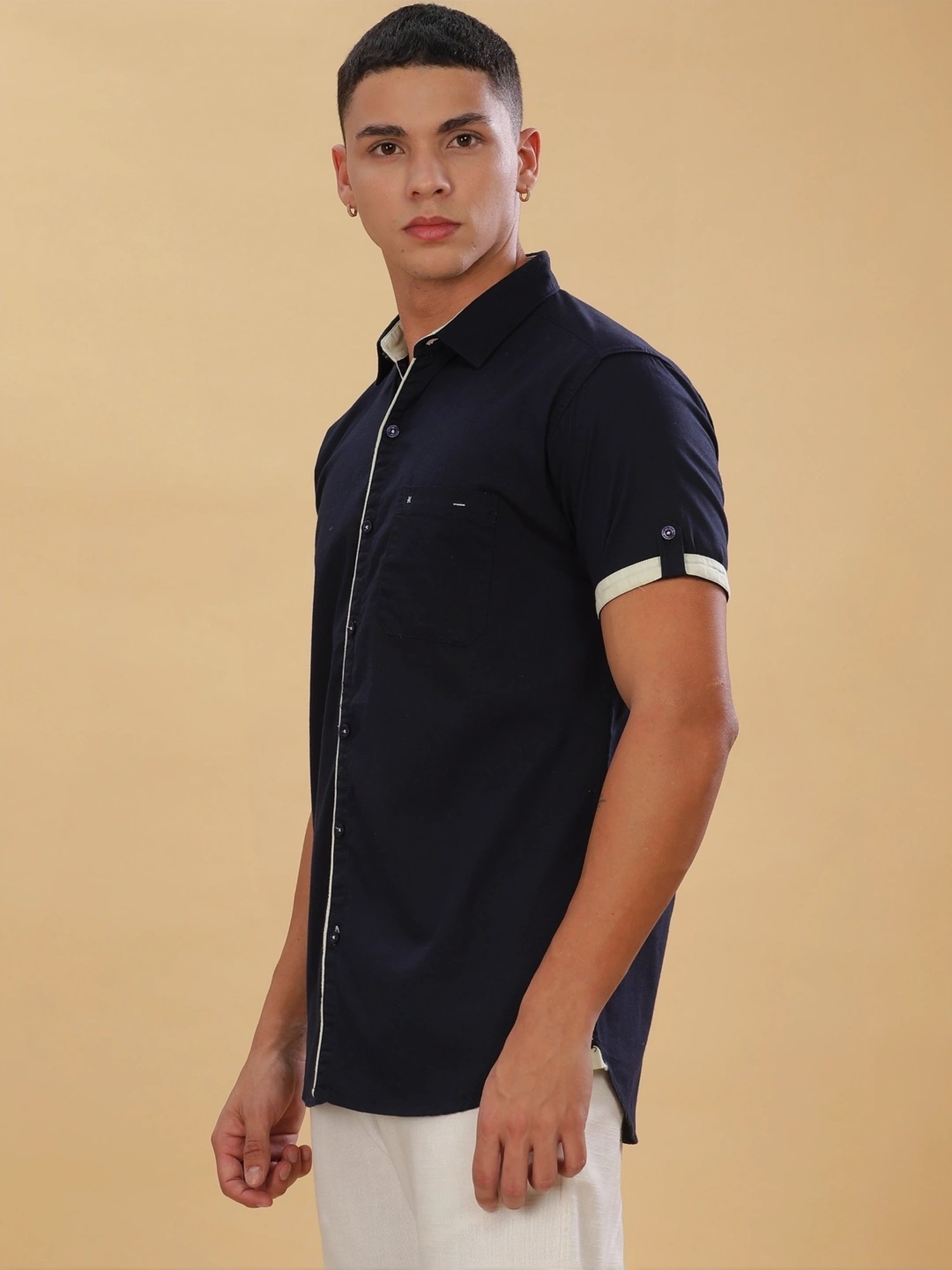 Kuons Avenue Navy Linen Slim Fit Shirt