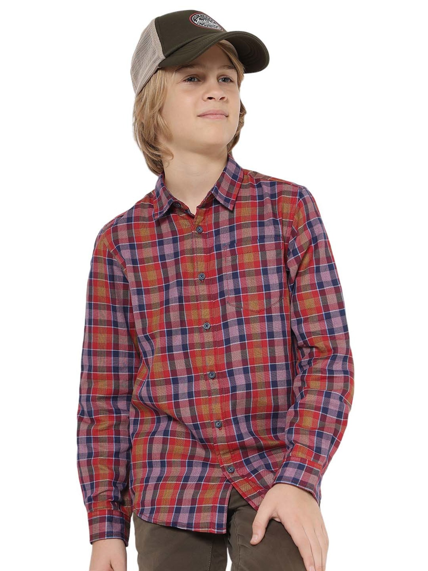 Jack & Jones Junior Red & Lilac Cotton Chequered Full Sleeves Shirt