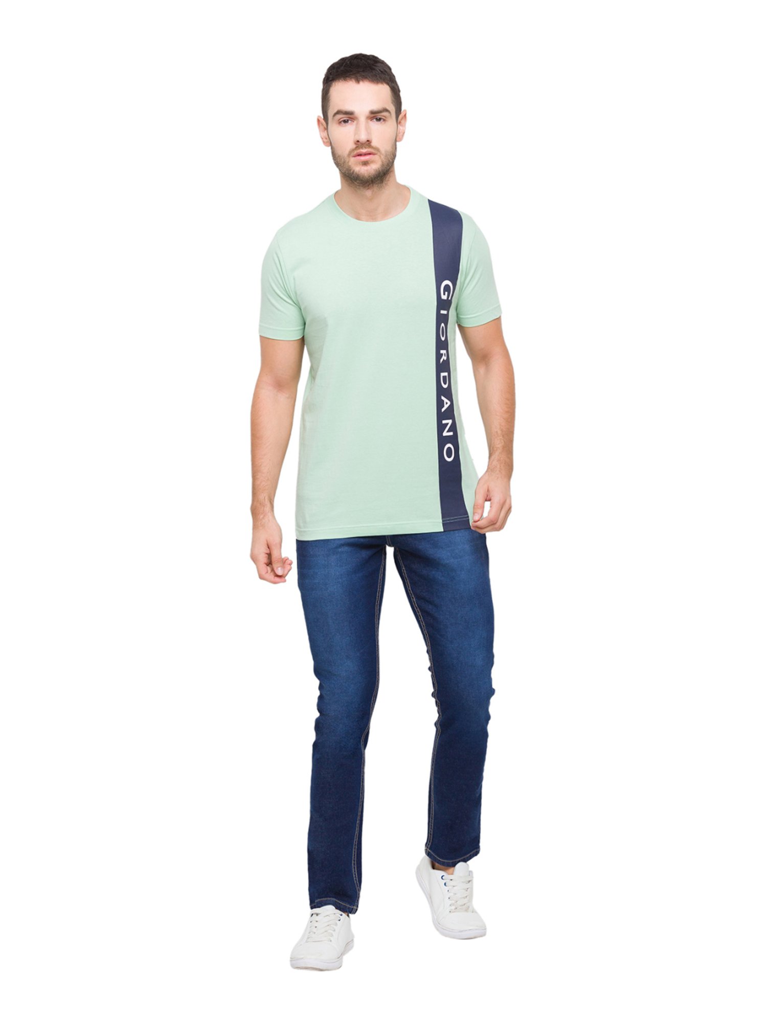 Giordano Smoke Green Cotton Slim Fit Logo Printed T-Shirt
