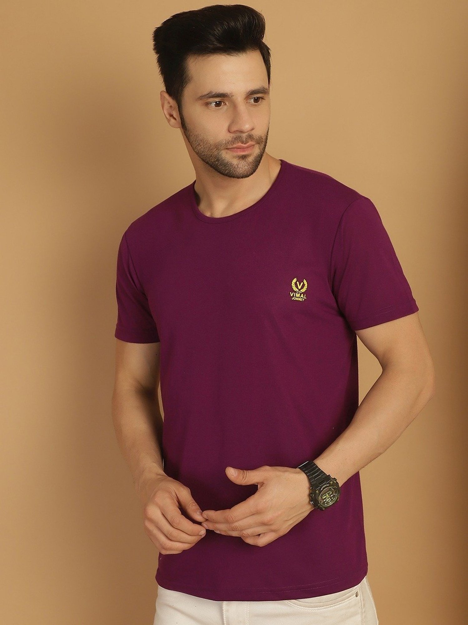 Vimal Jonney Grey & Purple Regular Fit T-Shirt