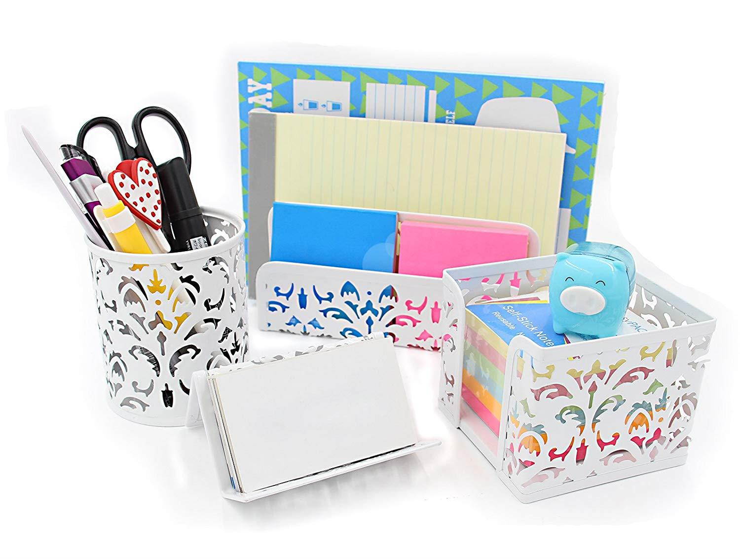 EasyPAG Carved Hollow Flower Pattern 5 in 1 Desk Organizer Set - File Holder,Letter Sorter, Pen Holder,Business Card Holder and Stick Note Holder-White