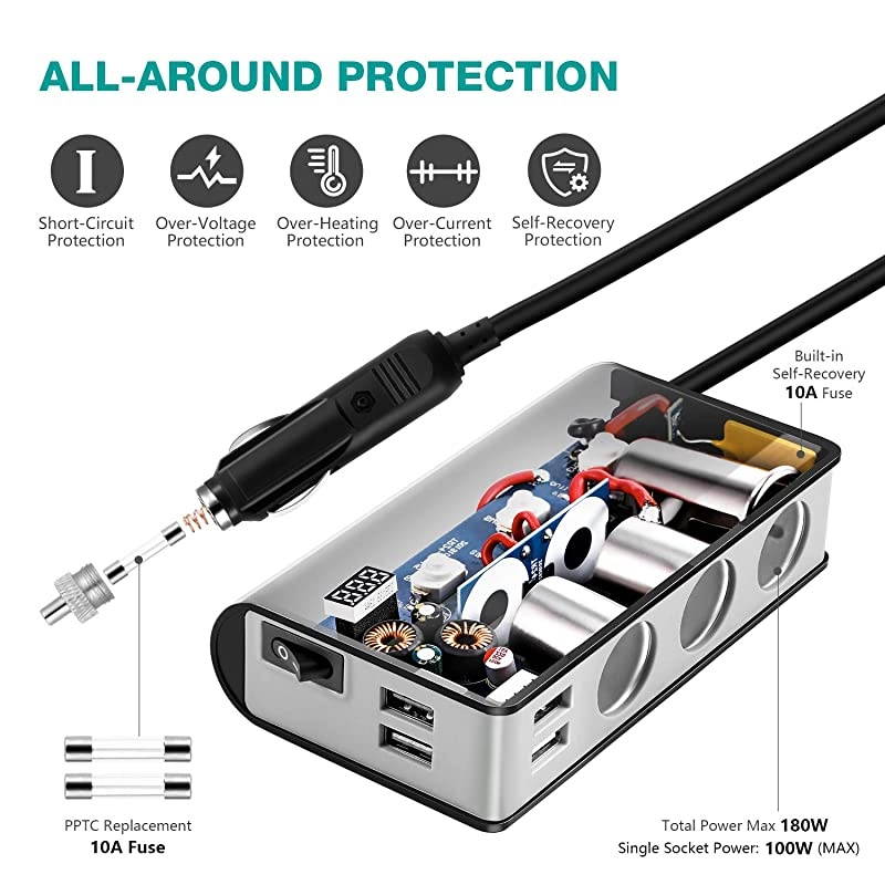 Cigarette Lighter Adapter Quick Charge 3.0 180W 12V/24V 3-Socket Splitter 4 USB Ports Car Power Adapter for GPS, Dash Cam, Sat Nav, Phone, Tablet, etc