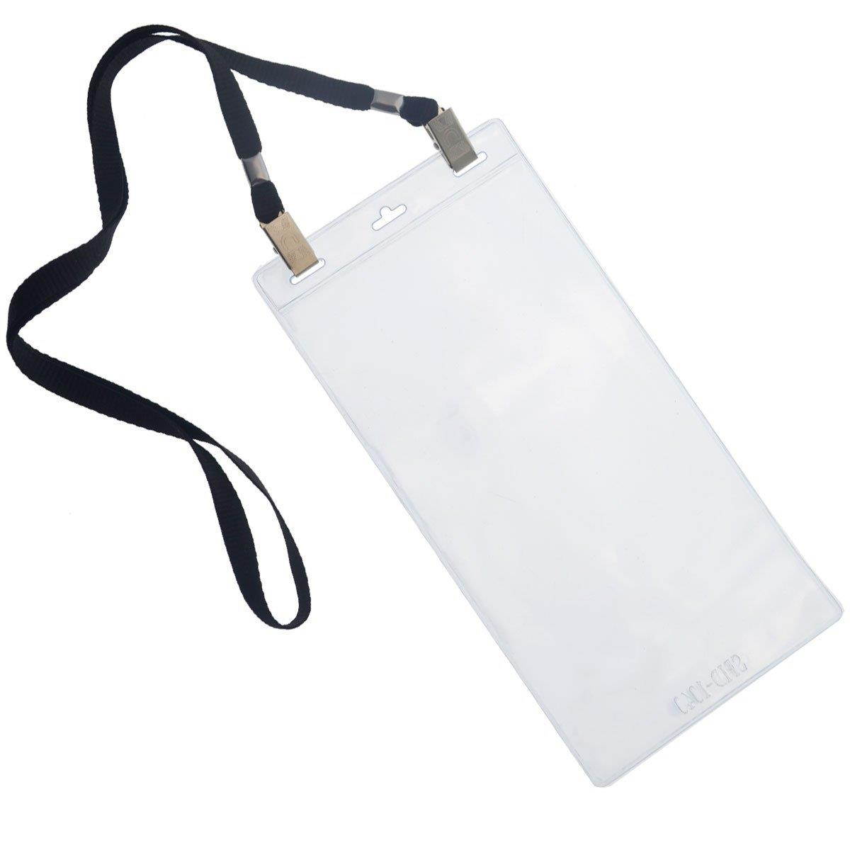 5 Pack - Extra Large 4 x 8 Inch Ticket & Event Credential Badge Holders with Double Sided Lanyards with Two Bulldog Clips, by Specialist ID (Black)