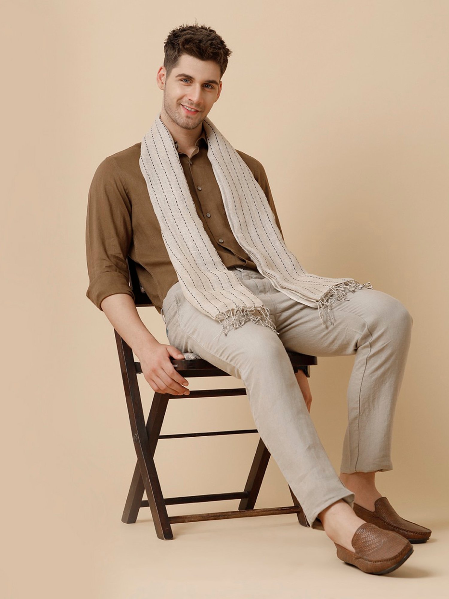 Linen Club Beige Striped Stole