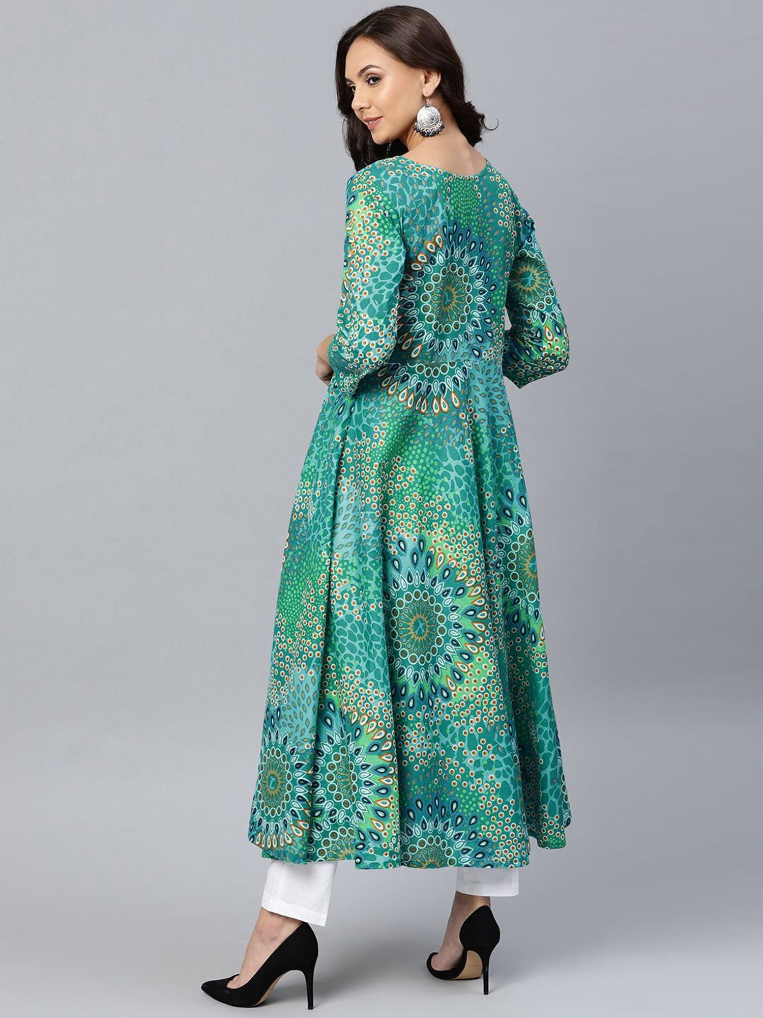 Jompers Green Cotton Floral Print Flared Kurta